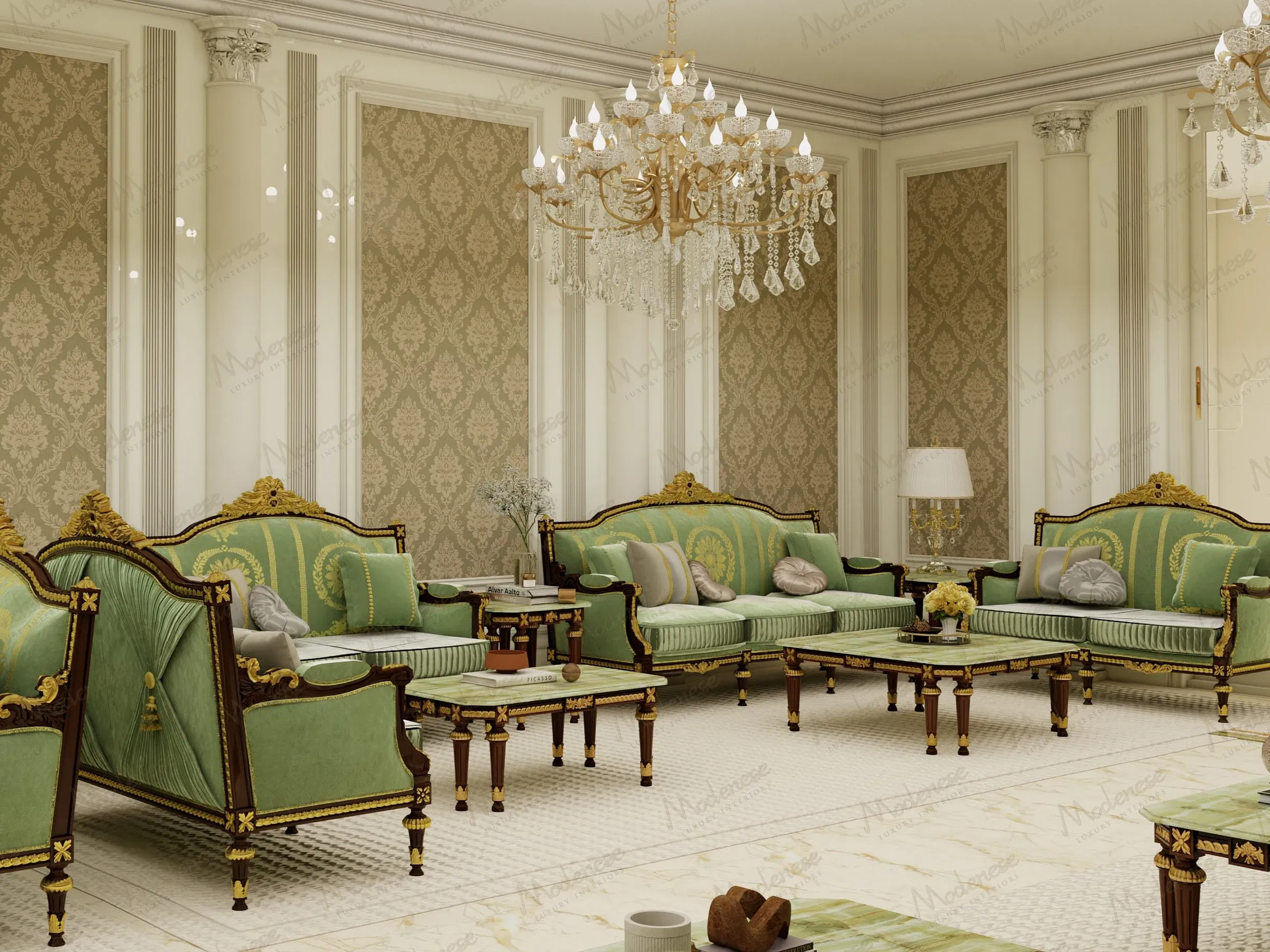Close-up of ornate green and gold upholstered sofas with matching armchairs and tables over a richly patterned rug in a Dubai Majlis setting