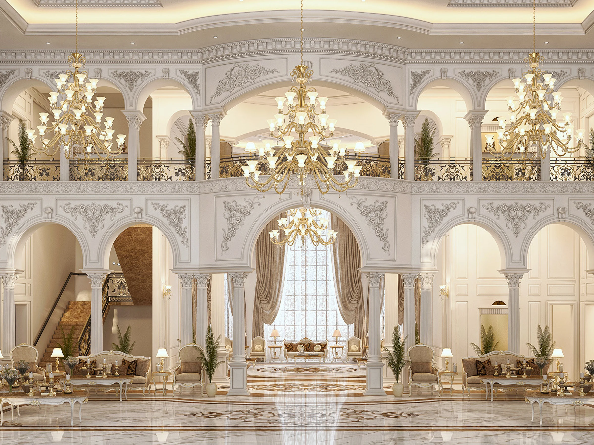 Majestic Riyadh foyer featuring double-height ceilings, arched colonnades, multiple gold chandeliers, and classic seating arrangements with elegant marble flooring