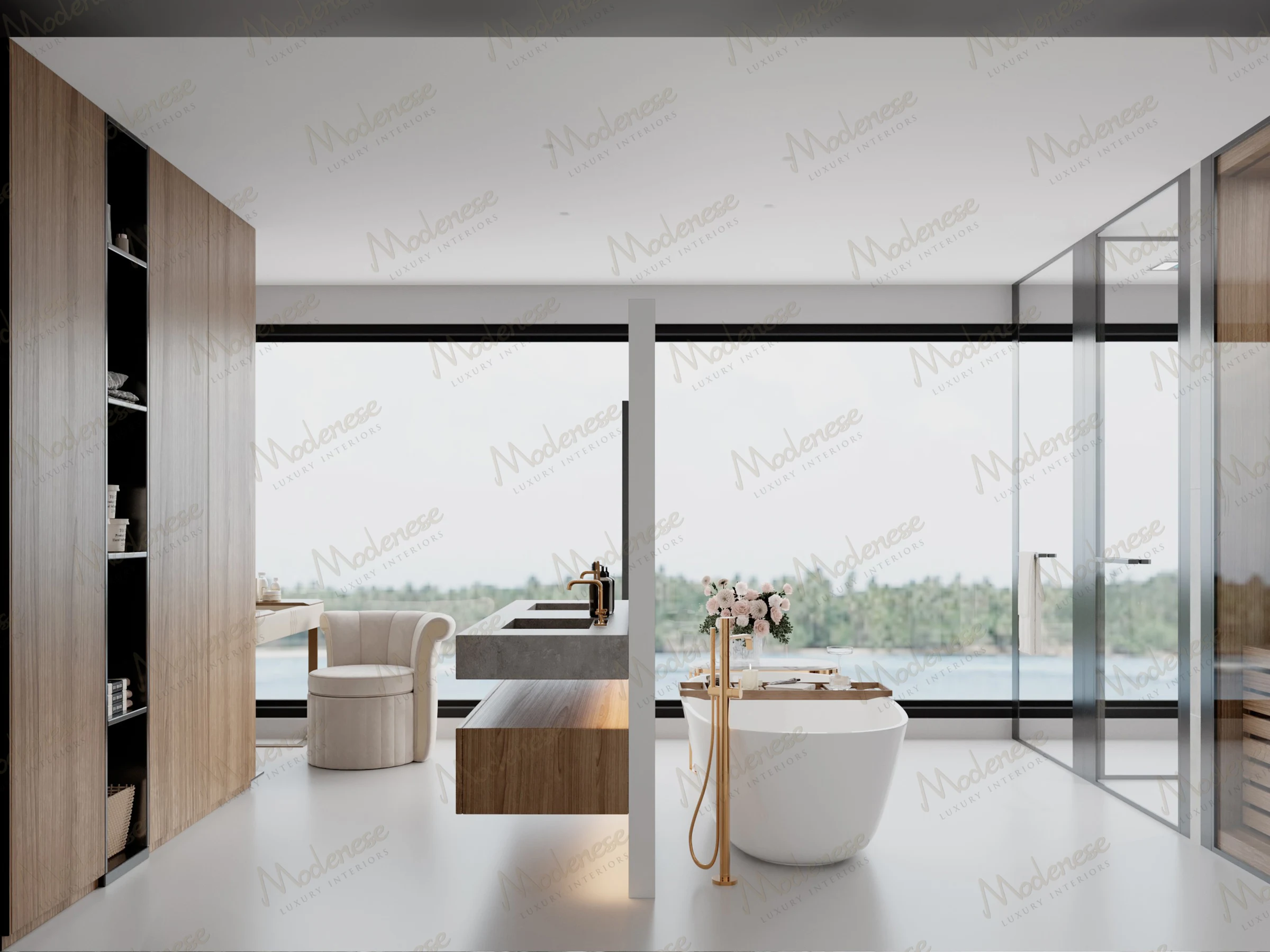 Modern suite bathroom with freestanding tub, dual floating vanity, floor-to-ceiling windows, and tropical view in a 5-star hotel