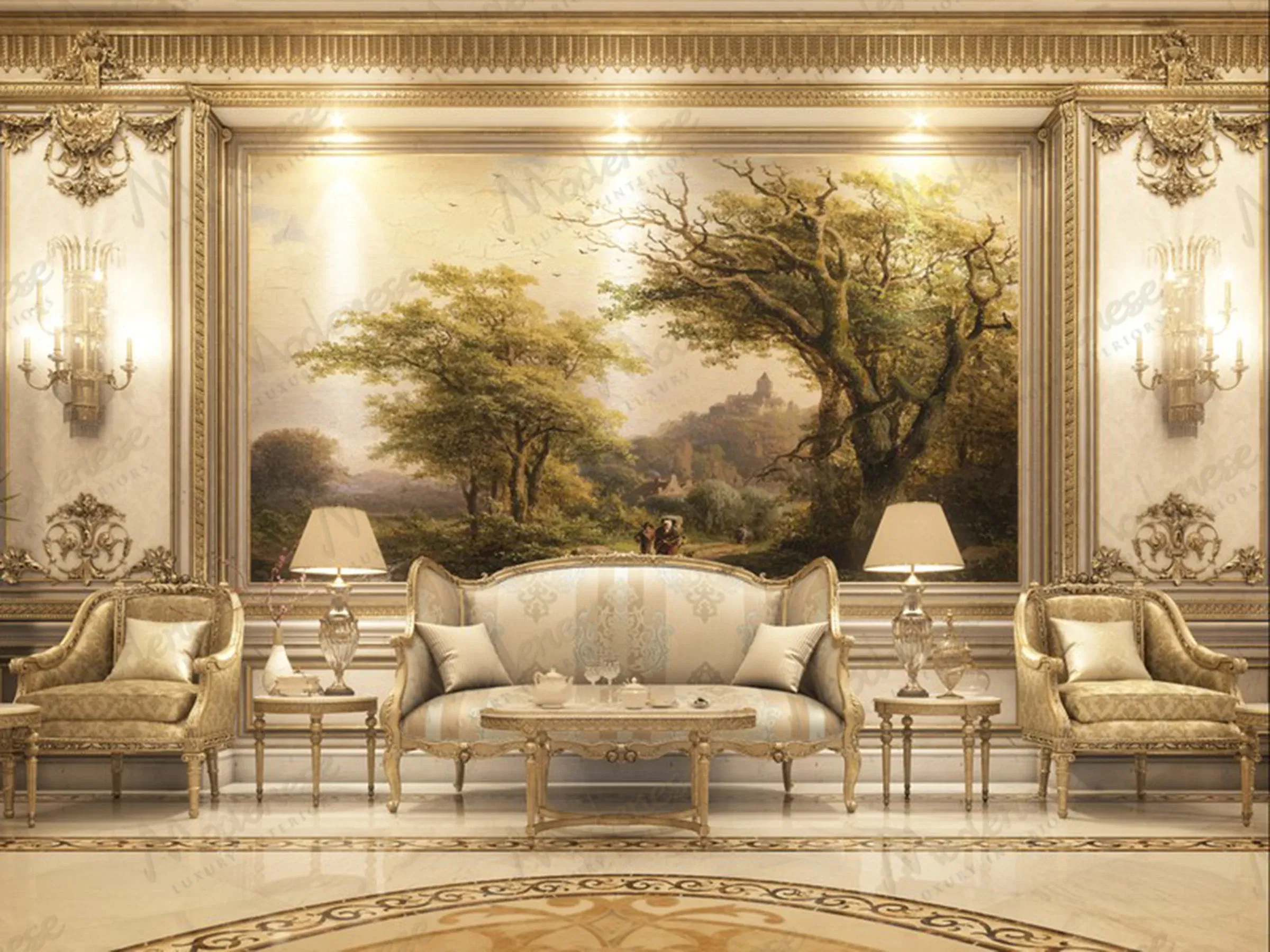 Classic living room in a Dubai villa with gold-trimmed armchairs, a central settee, and a large mural-style landscape painting framed by ornate wall sconces