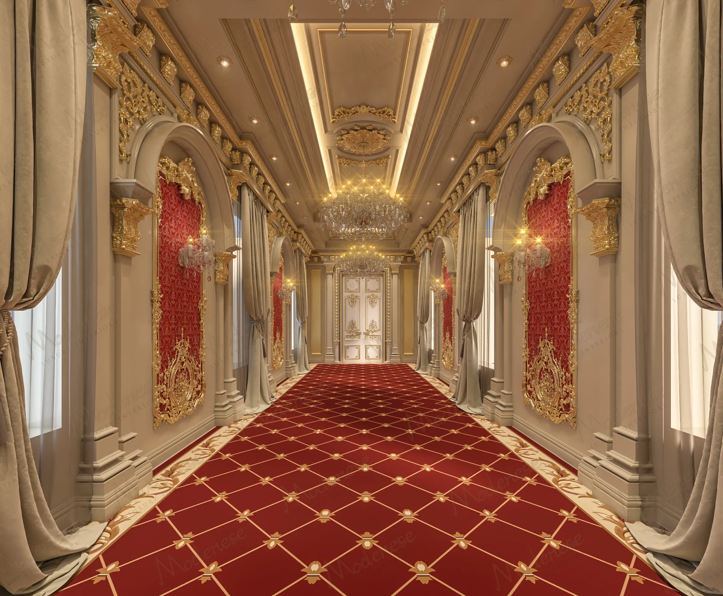 Hall majestueux au Koweït bordé de fenêtres en arc, de panneaux muraux en damas rouge avec des accents dorés, de grands lustres et d'un tapis à motifs rouges créant une ambiance royale