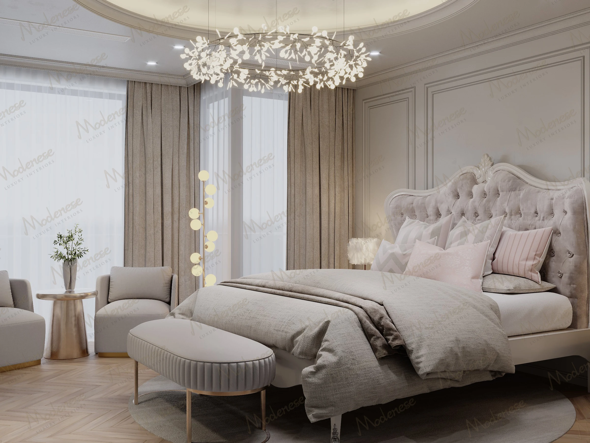 Elegant bedroom with a tufted headboard, soft neutral bedding, accent pillows, and modern lighting including a sculptural chandelier and vertical floor lamp