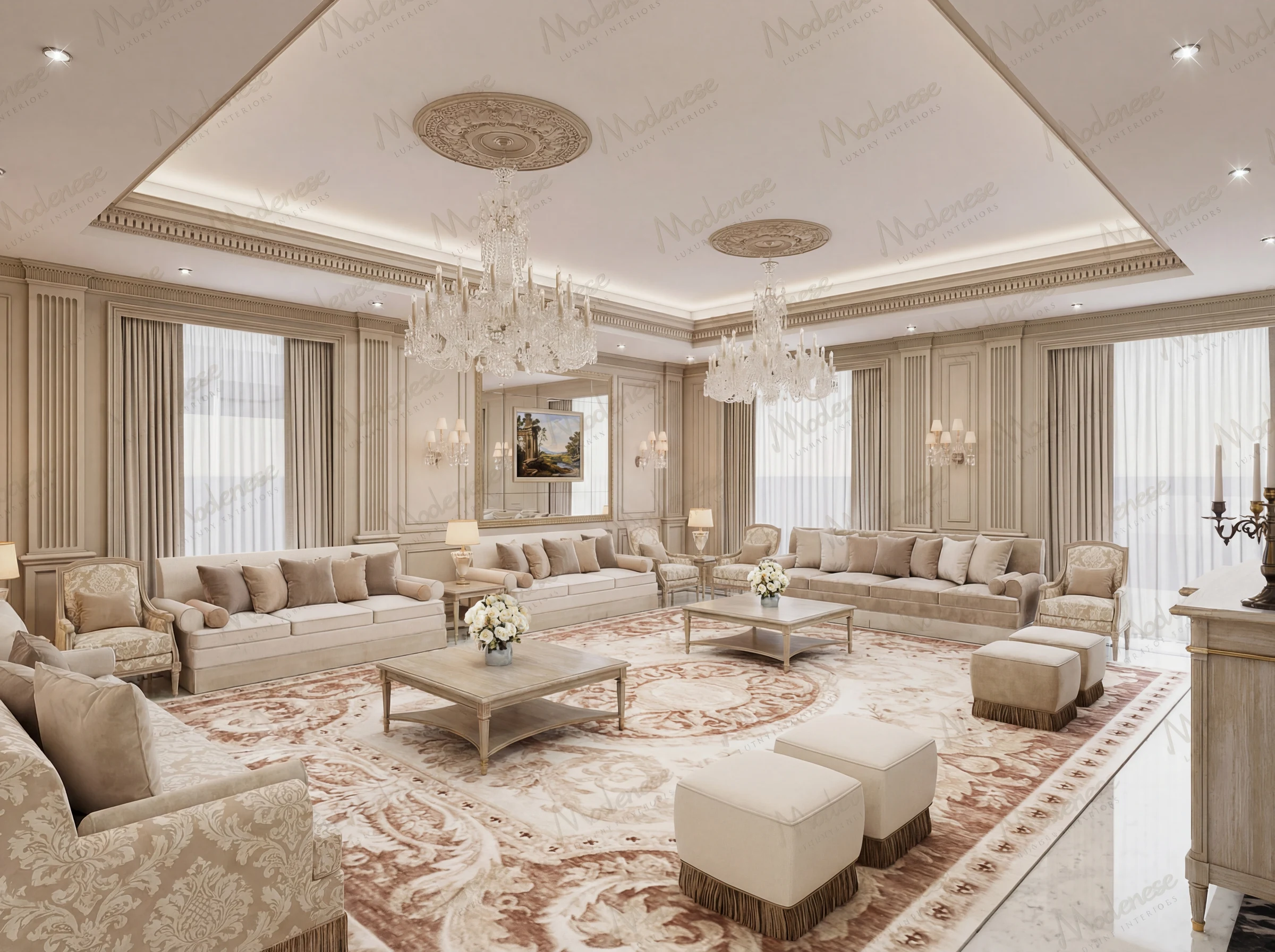 Elegant neoclassical living room with crystal chandeliers, ornate ceiling medallions, pastel-toned sofas, and a large floral-patterned rug