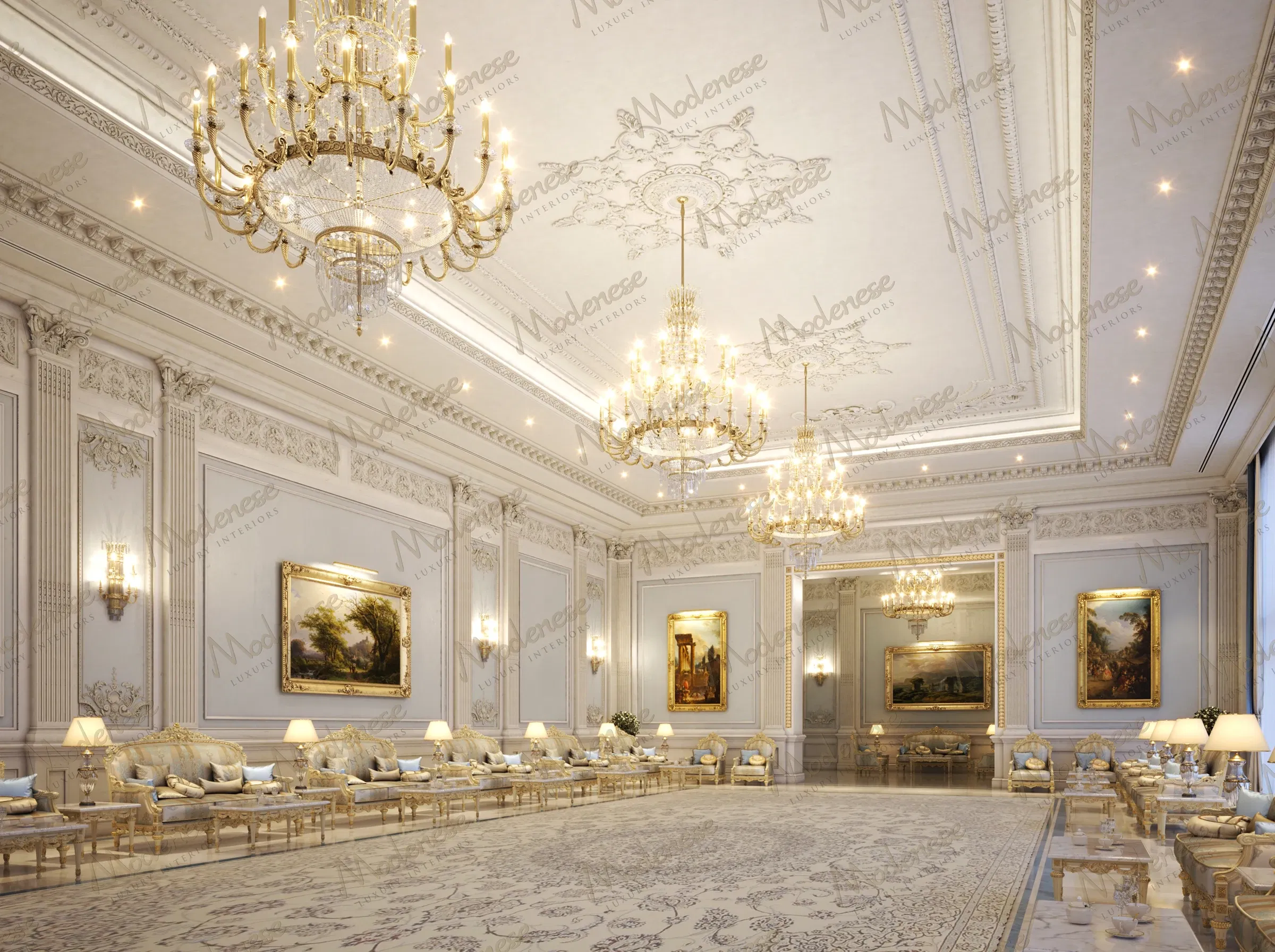 Hall de réception majestueux dans un palais d'Anambra avec des sièges dorés symétriques, de multiples lustres en cristal, des peintures classiques et des moulures de plafond complexes