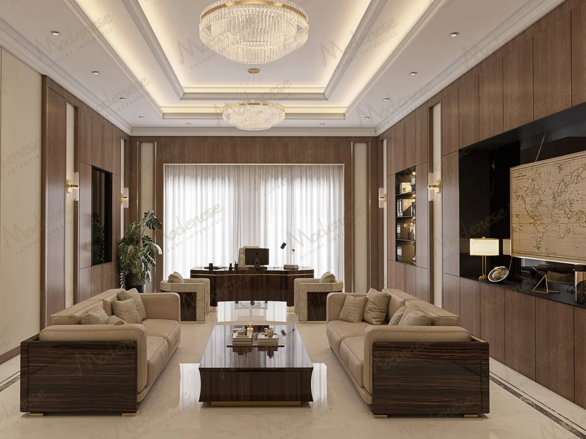 مكتب تنفيذي معاصر في الدوحة يتميز بألواح خشبية داكنة وأرائك بيج فخمة وإعداد مكتب أنيق يواجه ستائر كاملة الارتفاع