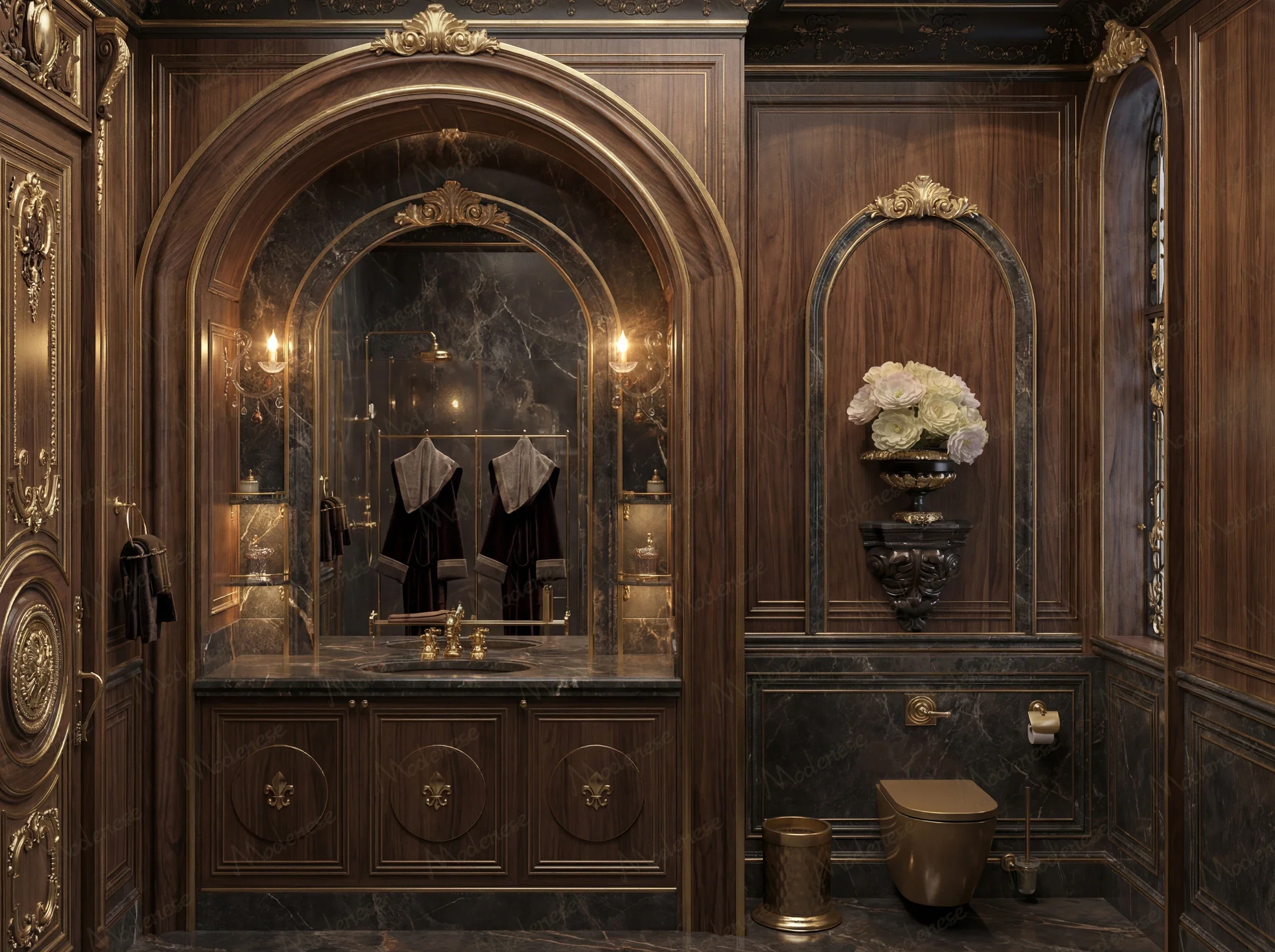 核桃木饰面和深色大理石的亲密圣所，这个声明式浴室体现了由精英豪华家具制造商打造的超豪华生活空间。镀金模具、古黄铜固定装置和拱形建筑壁龛突出了意大利制造的卓越品质，非常适合迪拜和多哈的豪华别墅内饰和定制宫殿项目。