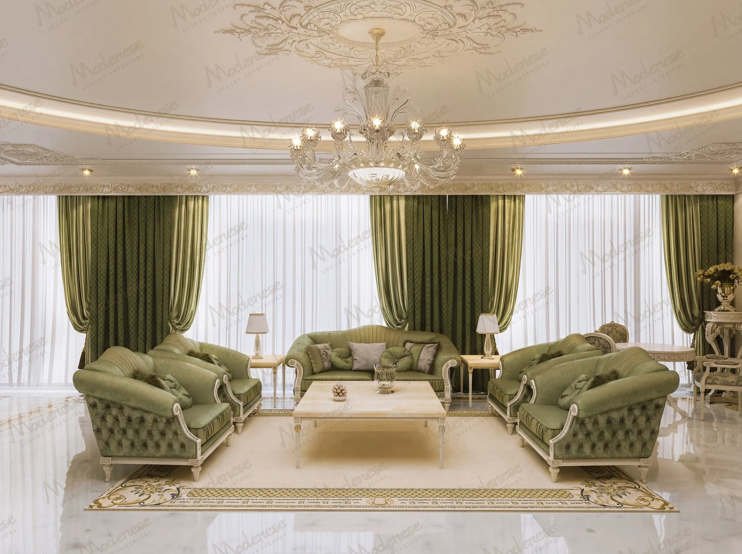 Grand living room in a Doha luxury villa with plush green velvet sofas, ornate ceiling detailing, and full-height windows framed by rich green curtains
