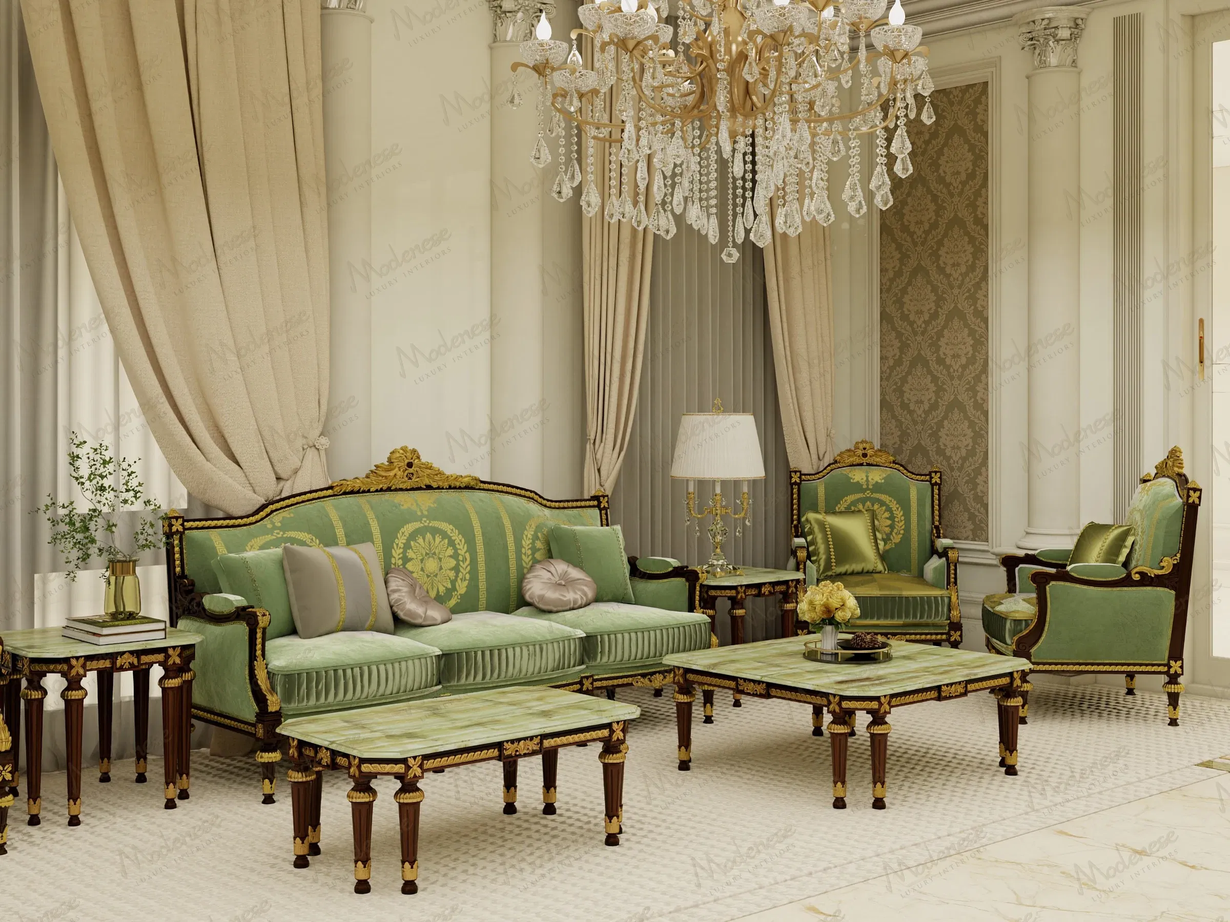 Luxurious Dubai Majlis interior with damask wallpaper, crystal chandeliers, and regal green furniture accented by gold carvings