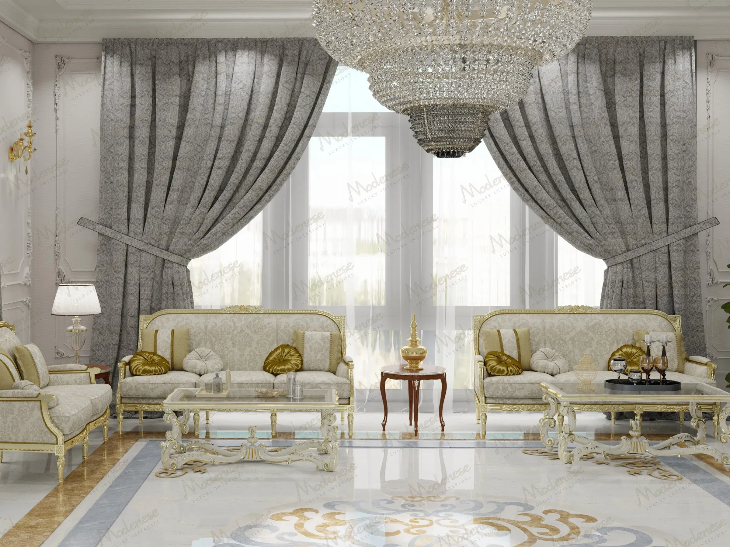 Regal living room in a Dubai villa framed by arched columns, with deep blue curtains, white and gold furnishings, and a glittering chandelier above a floral carpet design