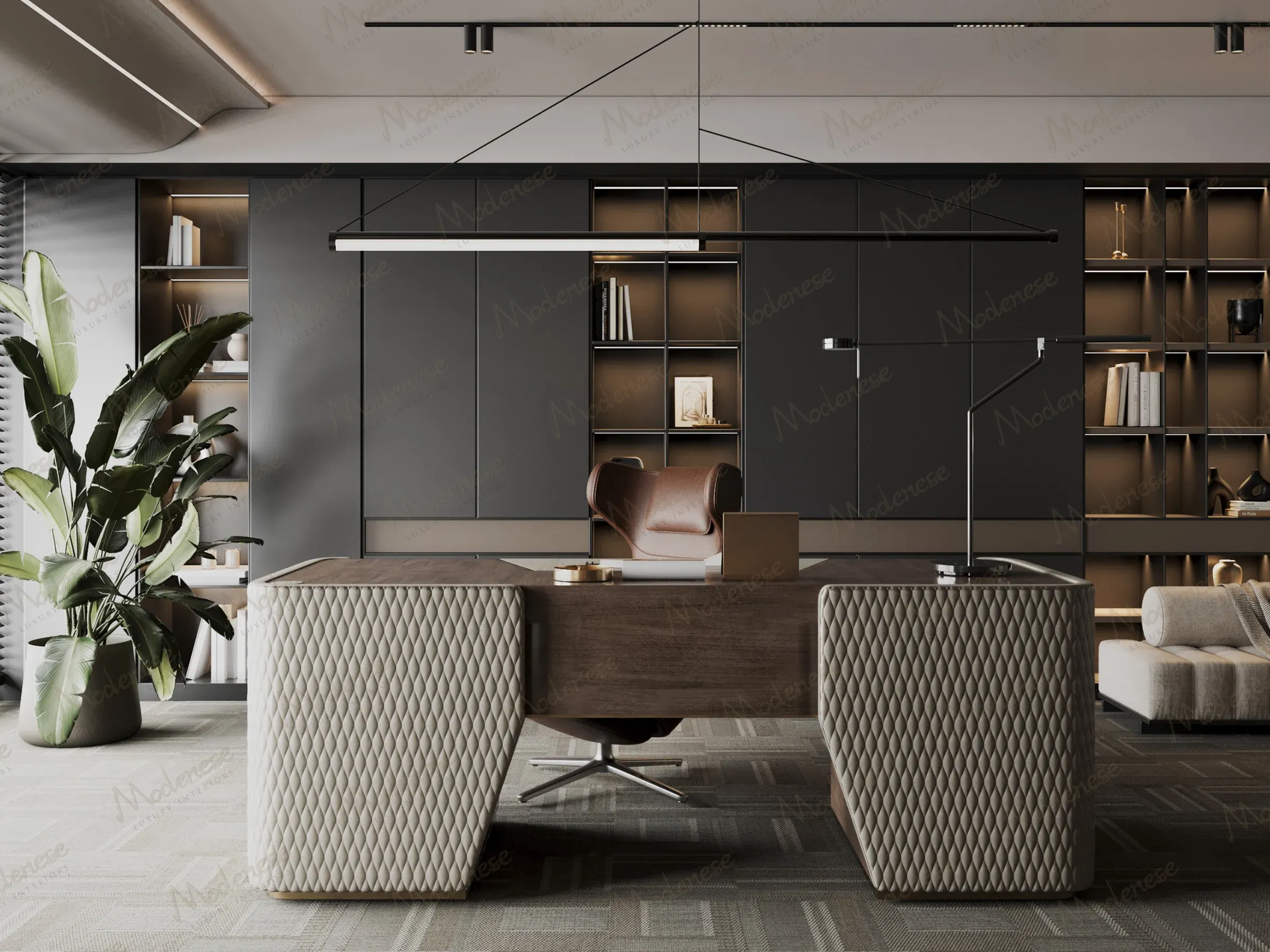 时尚纽约总部的前视图，配有对称书架、皮革装饰的书桌端部以及极简装饰旁边的室内大型植物