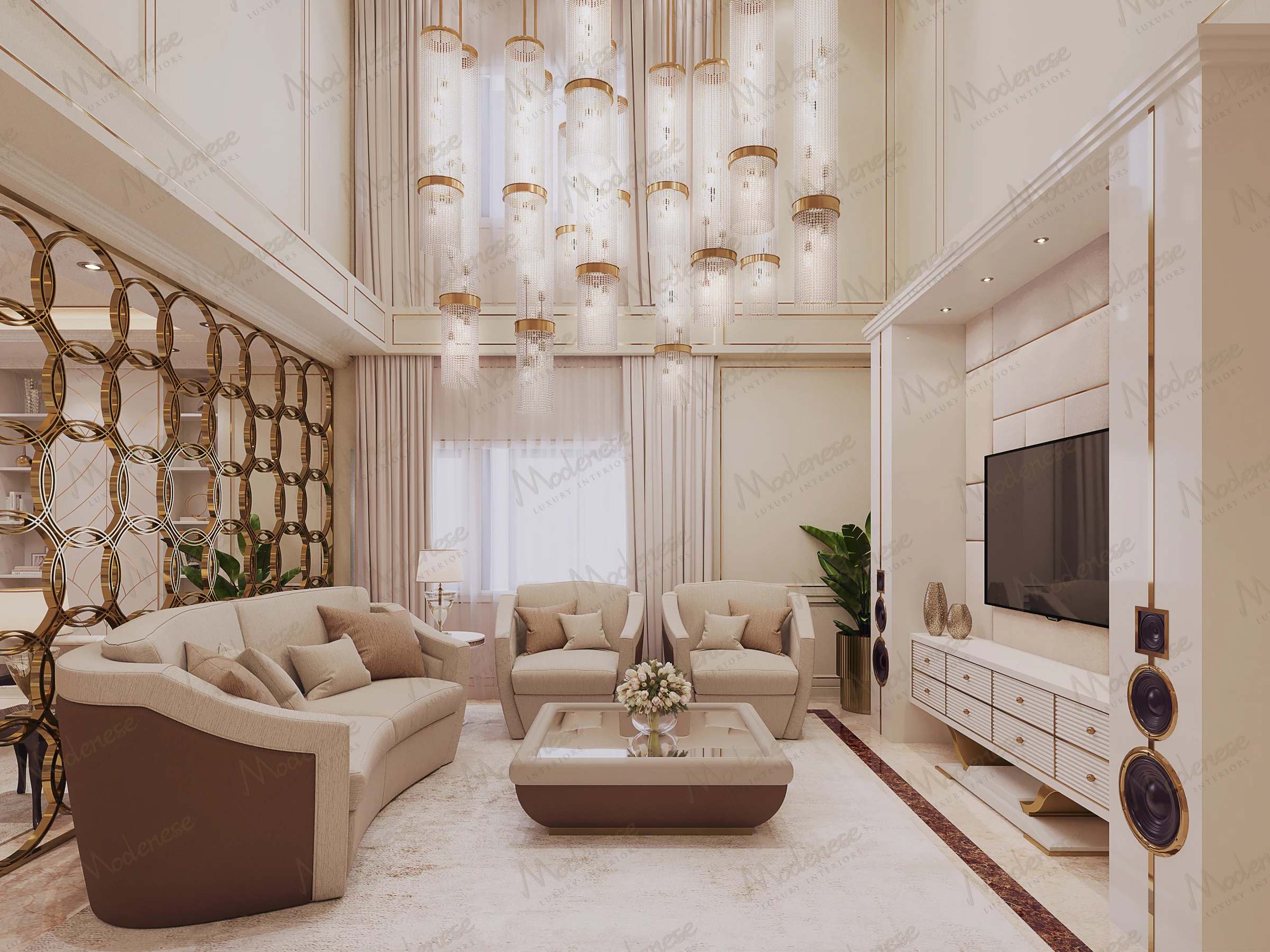 Sophisticated modern living area with soft beige tones, layered drapery, gold decorative elements, and a vertical chandelier cluster