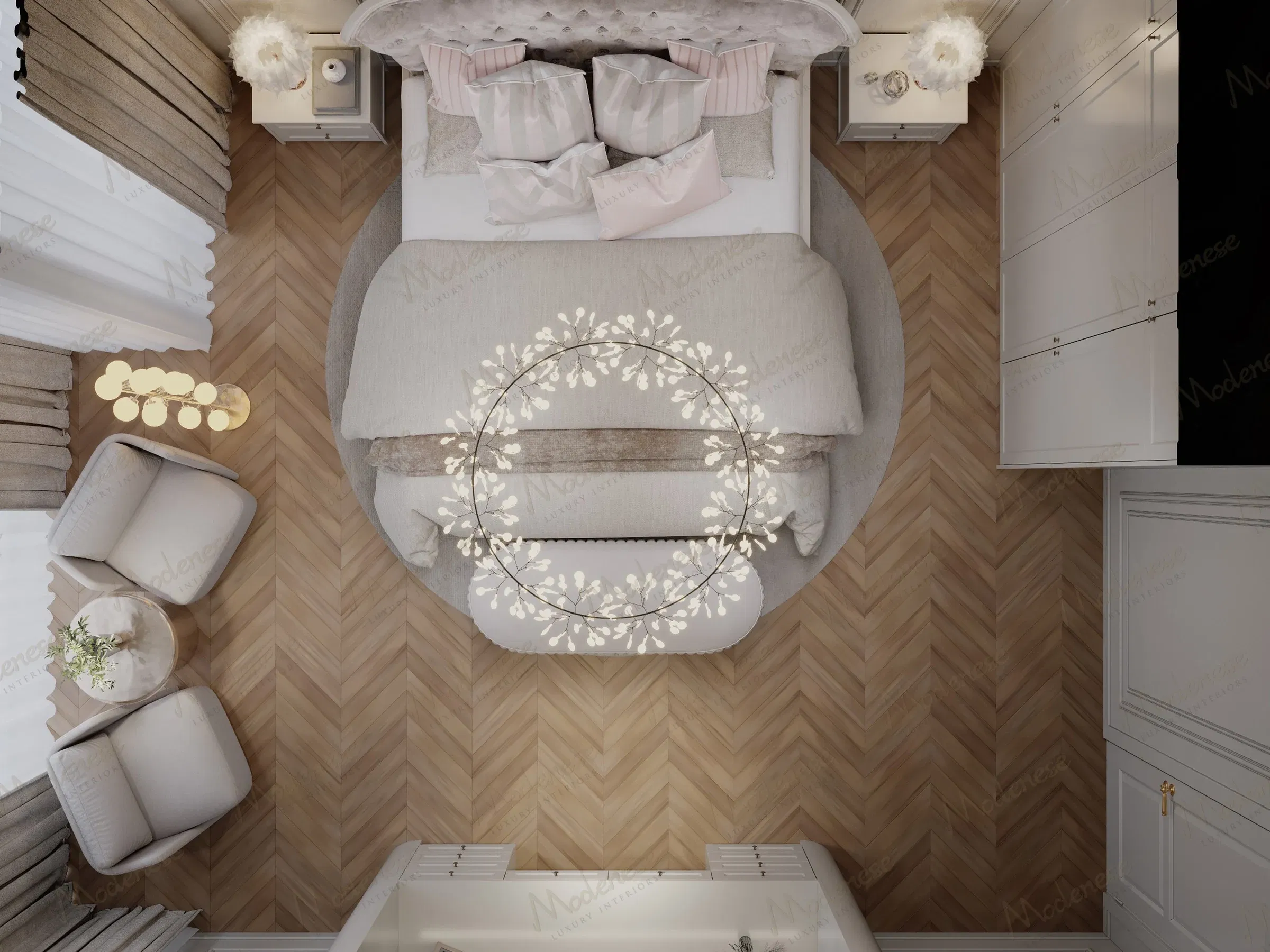 巴格达精致卧室的俯视图，展示了对称的布局、圆形地毯、人字形木地板和受花卉启发的吊灯