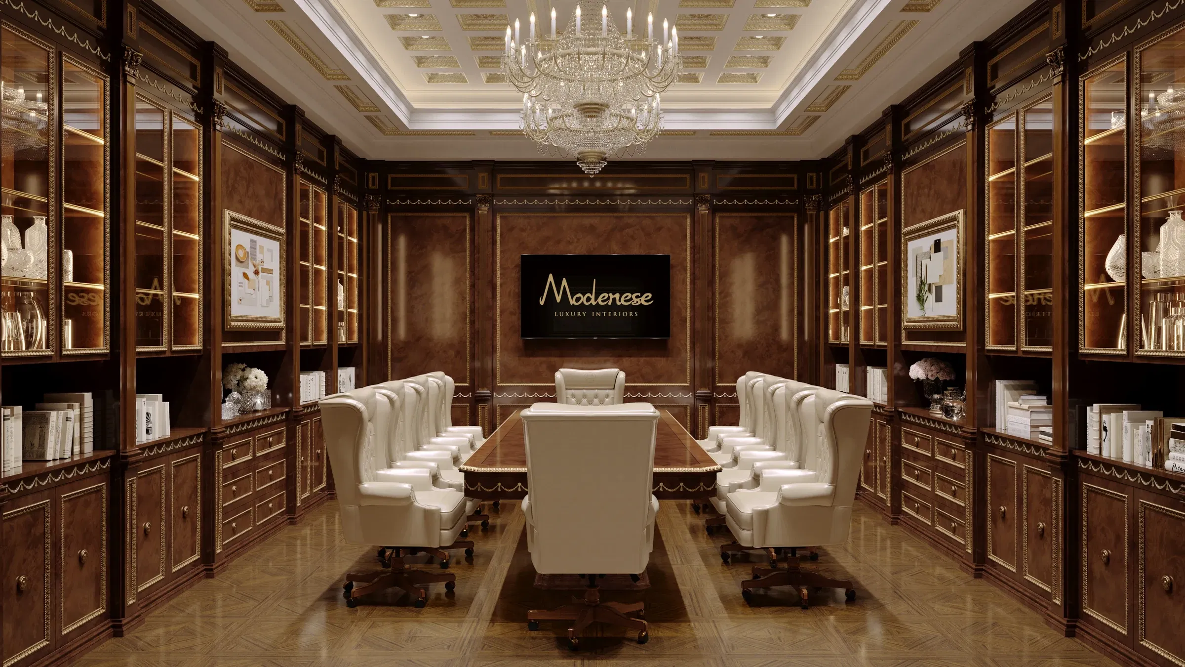 Роскошная миланская конференц-комната с отделкой из темного дерева, встроенными полками, хрустальной люстрой, длинным полированным столом и кожаными креслами для руководителей в изысканном классическом стиле