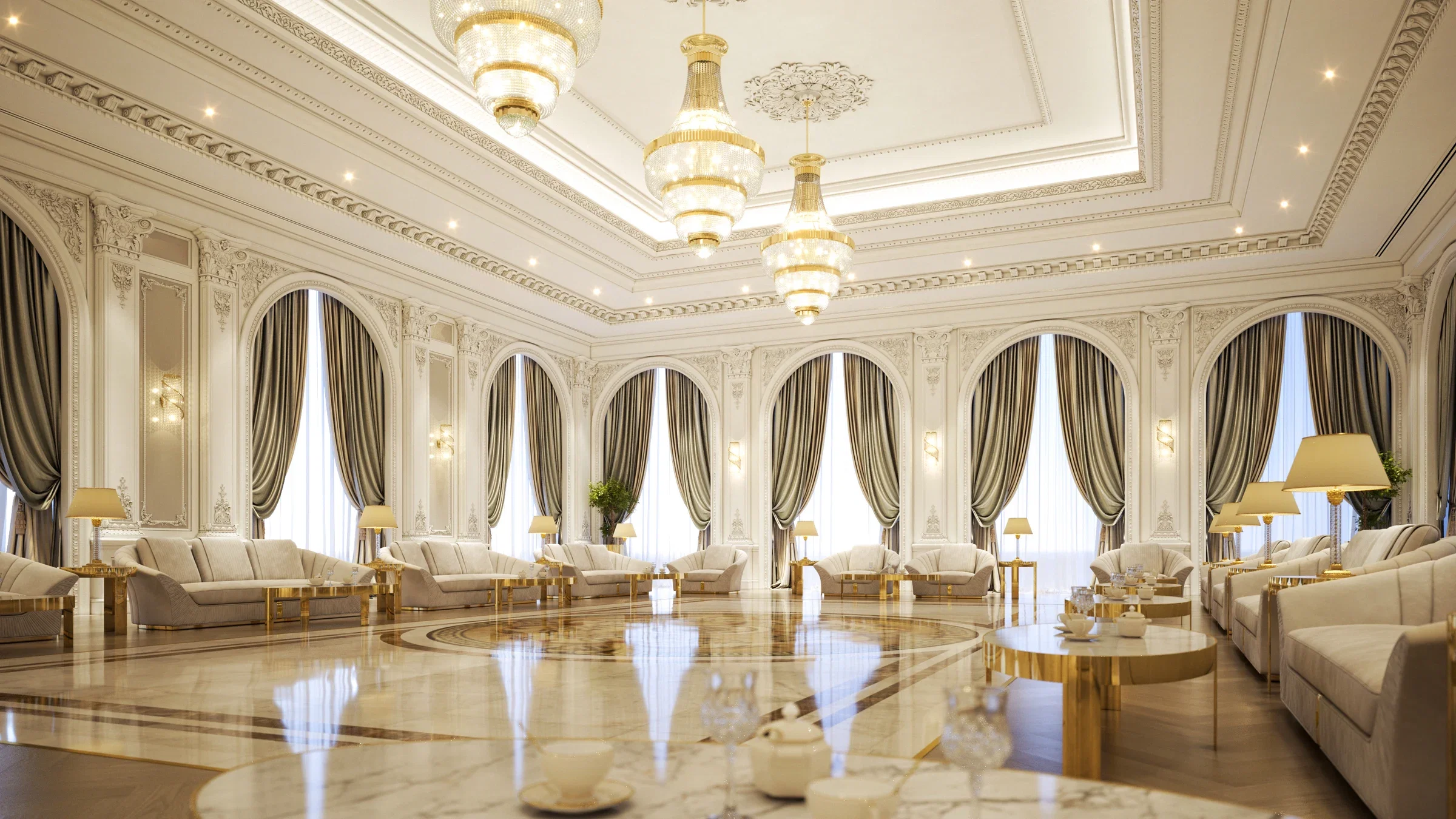 Elegant lounge in Riyadh villa with cream and gold color palette, arched windows with heavy drapes, tufted sofas, and gold-trimmed coffee tables