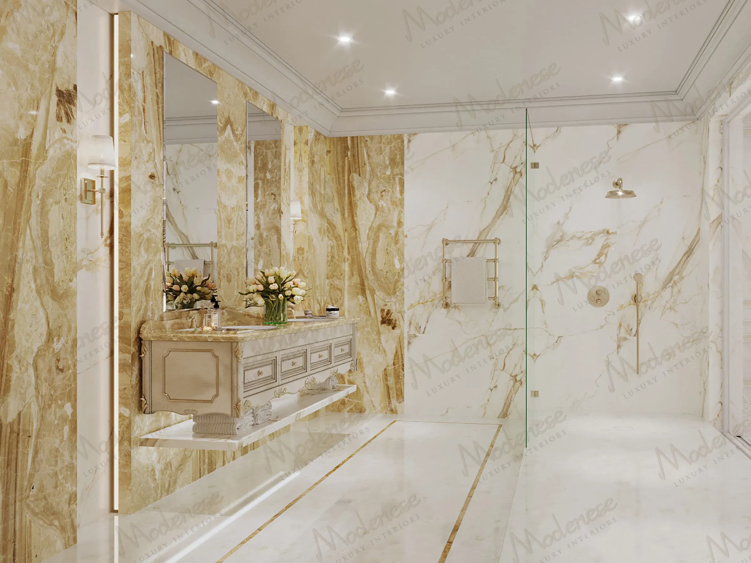 Lavish palace bathroom in Abu Dhabi with floor-to-ceiling golden marble, double vanity, and walk-in glass shower enclosure