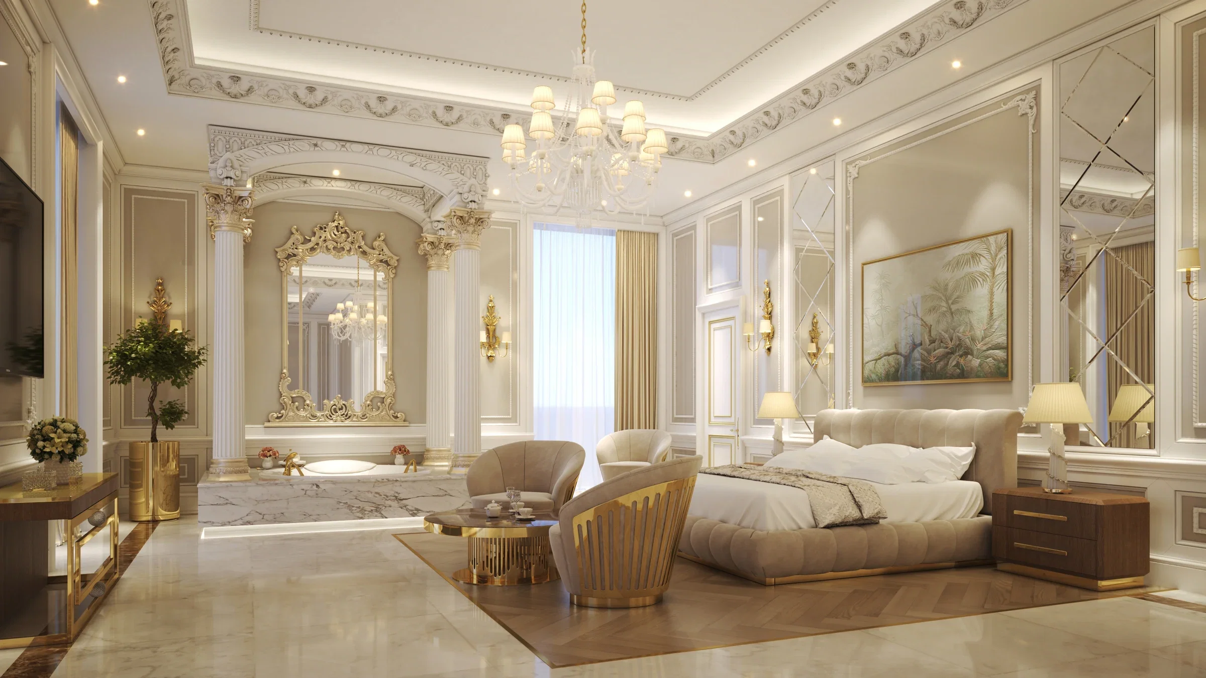 Opulent bedroom suite in Riyadh villa with plush upholstered bed, mirrored wall panels, chandelier, and classical architectural details