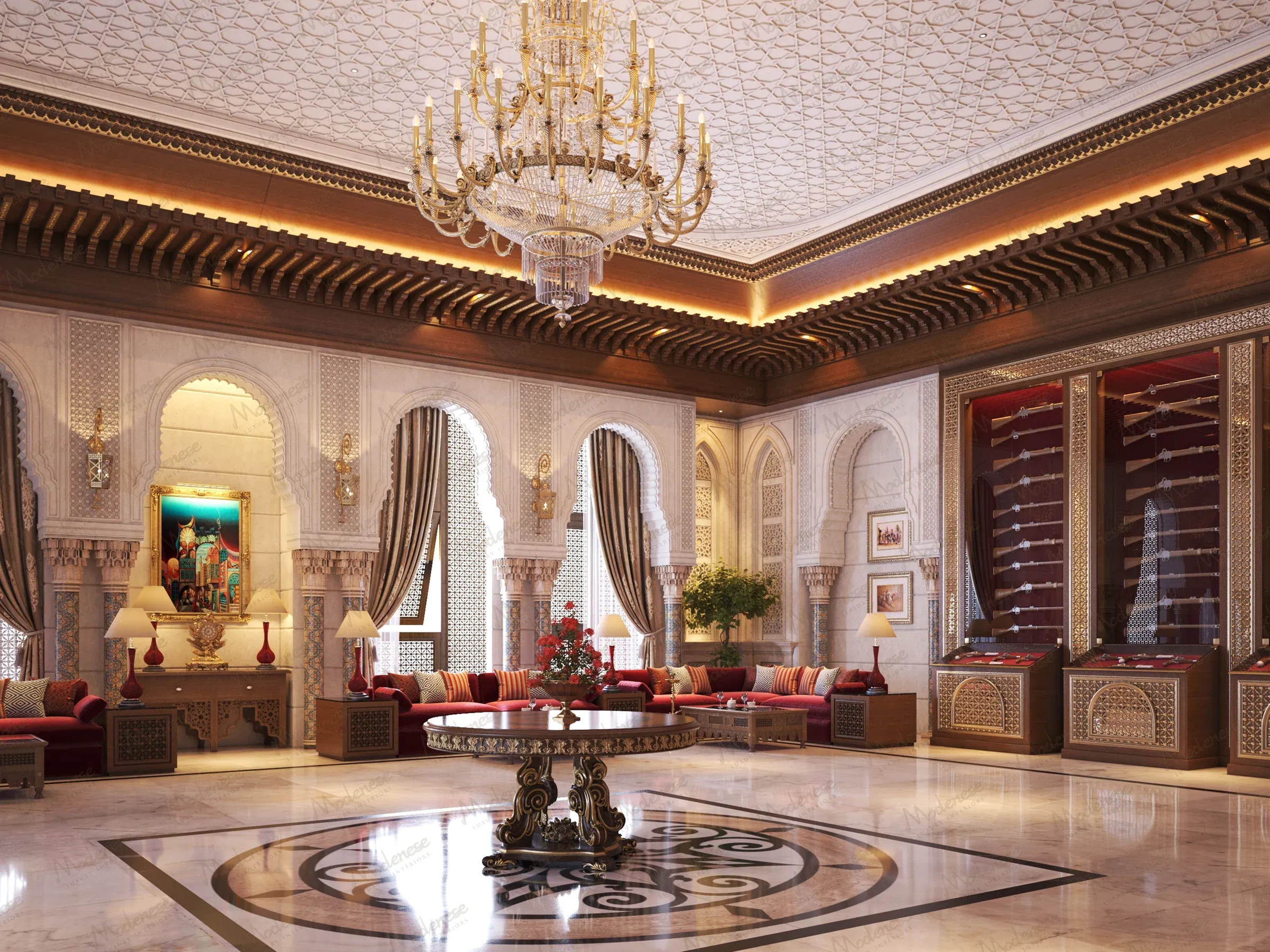 Grand traditional lounge with carved arches, patterned marble flooring, sword display cases, red velvet seating, and an elaborate chandelier