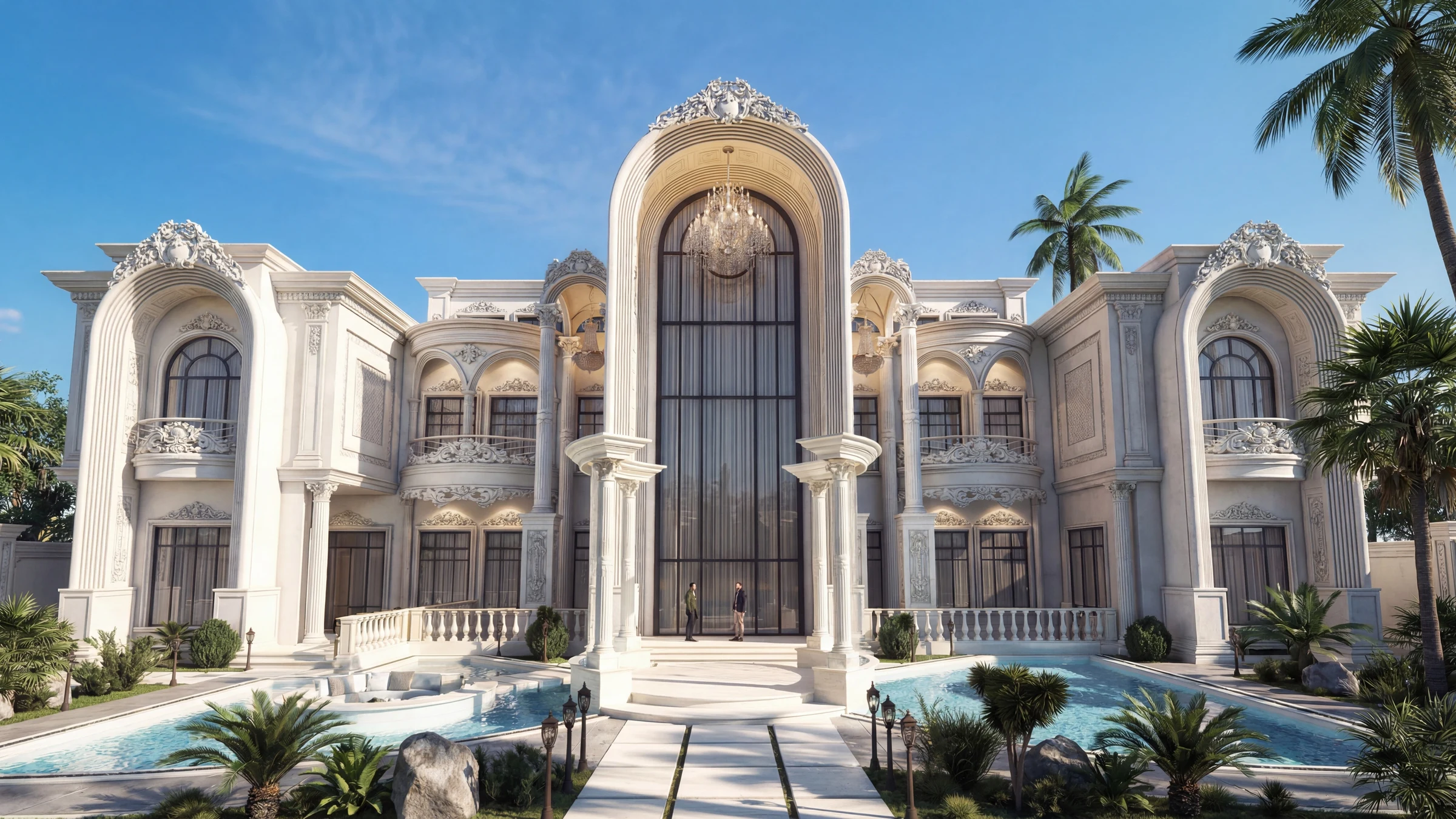 Elegant living room in Dubai with a white and gold ornate grand piano, beige tufted sofa, and a curved staircase with gold railings