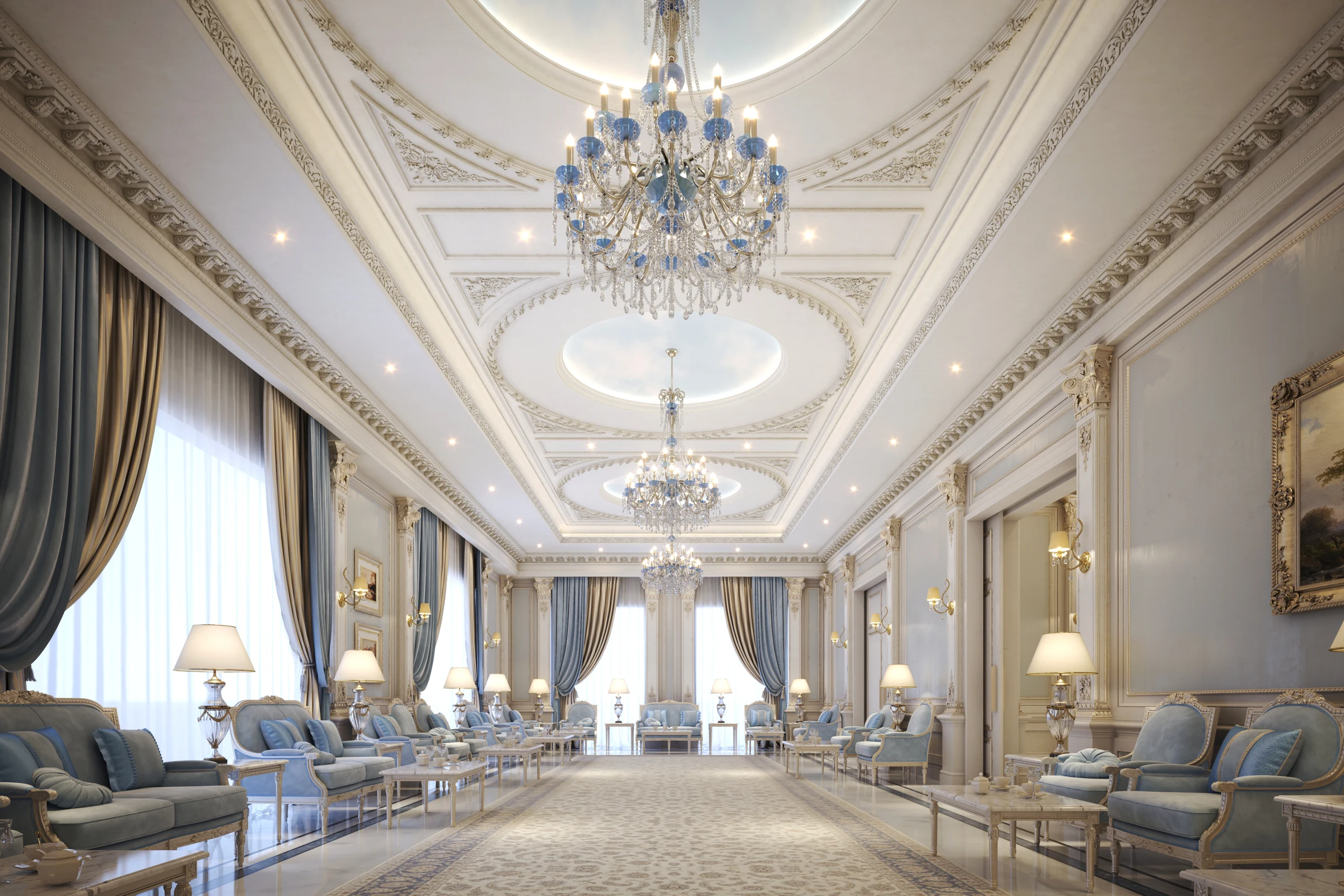 Elegant lounge in Riyadh villa with cream and gold color palette, arched windows with heavy drapes, tufted sofas, and gold-trimmed coffee tables