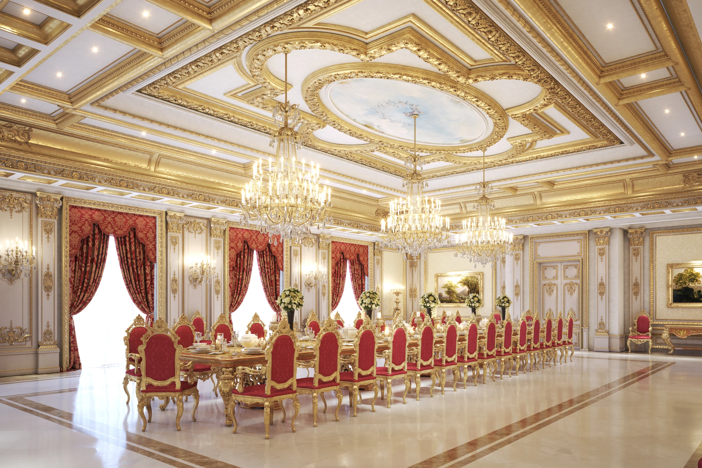 Opulent bedroom suite in Riyadh villa with plush upholstered bed, mirrored wall panels, chandelier, and classical architectural details