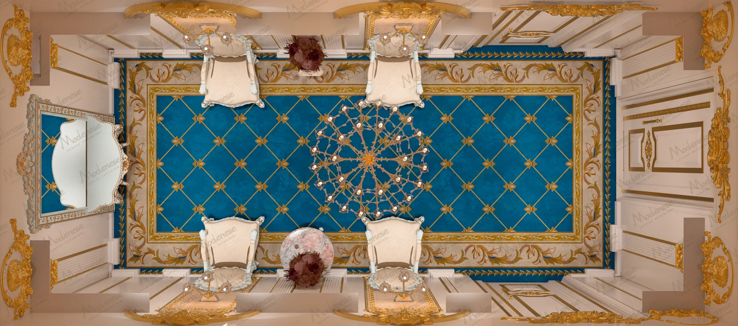 Grand palatial corridor conceived by a luxury interior design studio, showcasing bespoke Italian furniture and masterful Italian craftsmanship. Hand-carved gilded boiserie, crystal chandeliers, and silk-upholstered armchairs define this ultra-luxury living space, while a custom turquoise and gold carpet enhances symmetry, evoking refined Middle East palace design and turnkey high-end custom interiors.