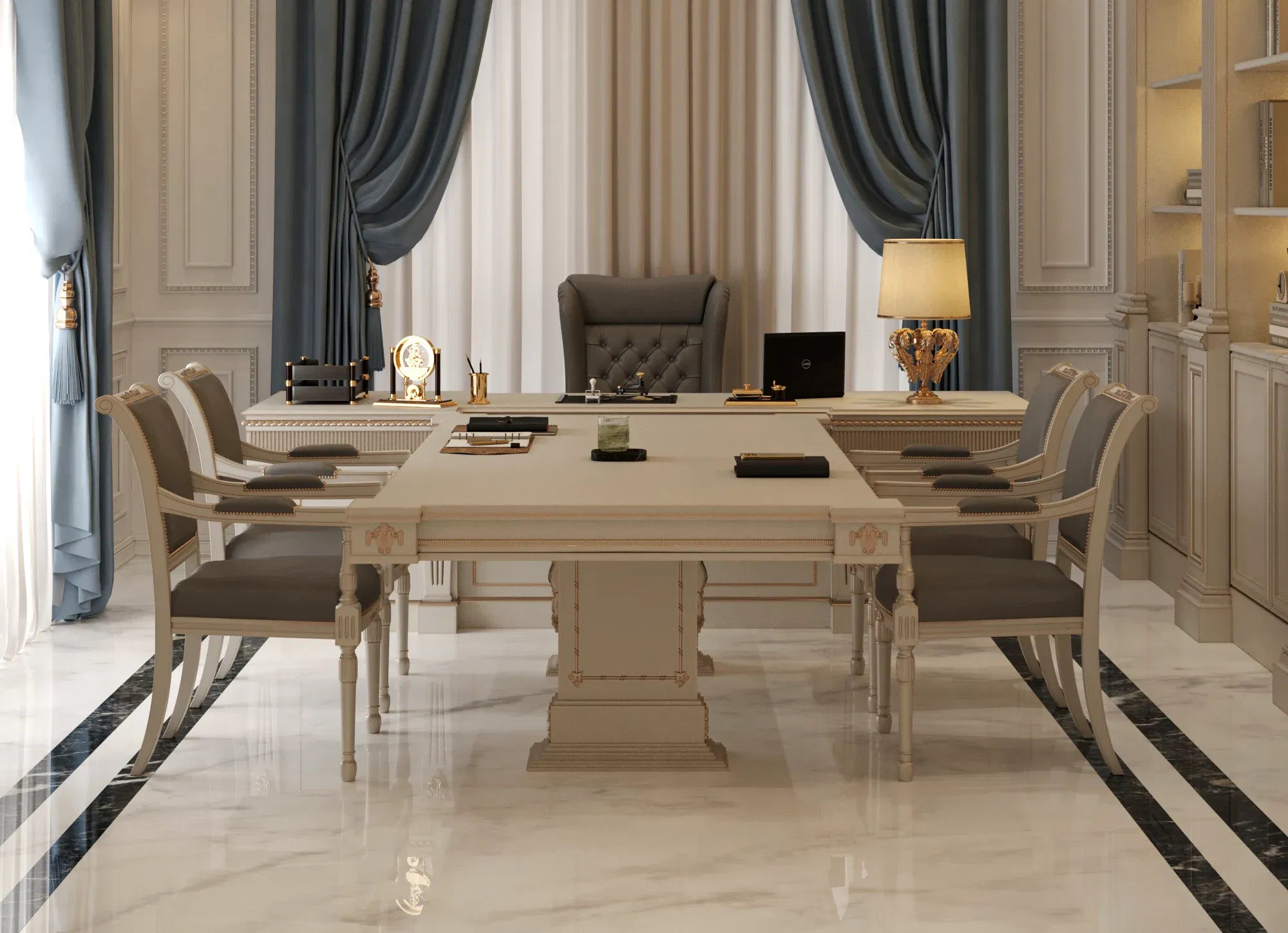 在贝鲁特别墅中的皇家家庭办公室，配有绗缝皮革椅子、雕刻书桌、花卉地毯和带有金色装饰的古典模具