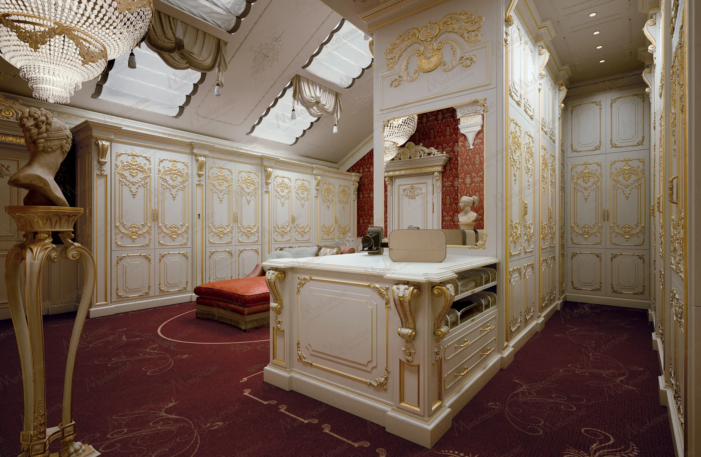 Walk-in dressing room by a luxury interior design studio, showcasing bespoke Italian furniture with hand-carved boiserie, gold leaf detailing, and silk wall panels. Crystal chandeliers illuminate custom cabinetry and a central island in marble and lacquered wood, embodying Italian craftsmanship and turnkey interior solutions for ultra-luxury villa interiors and palace interiors.