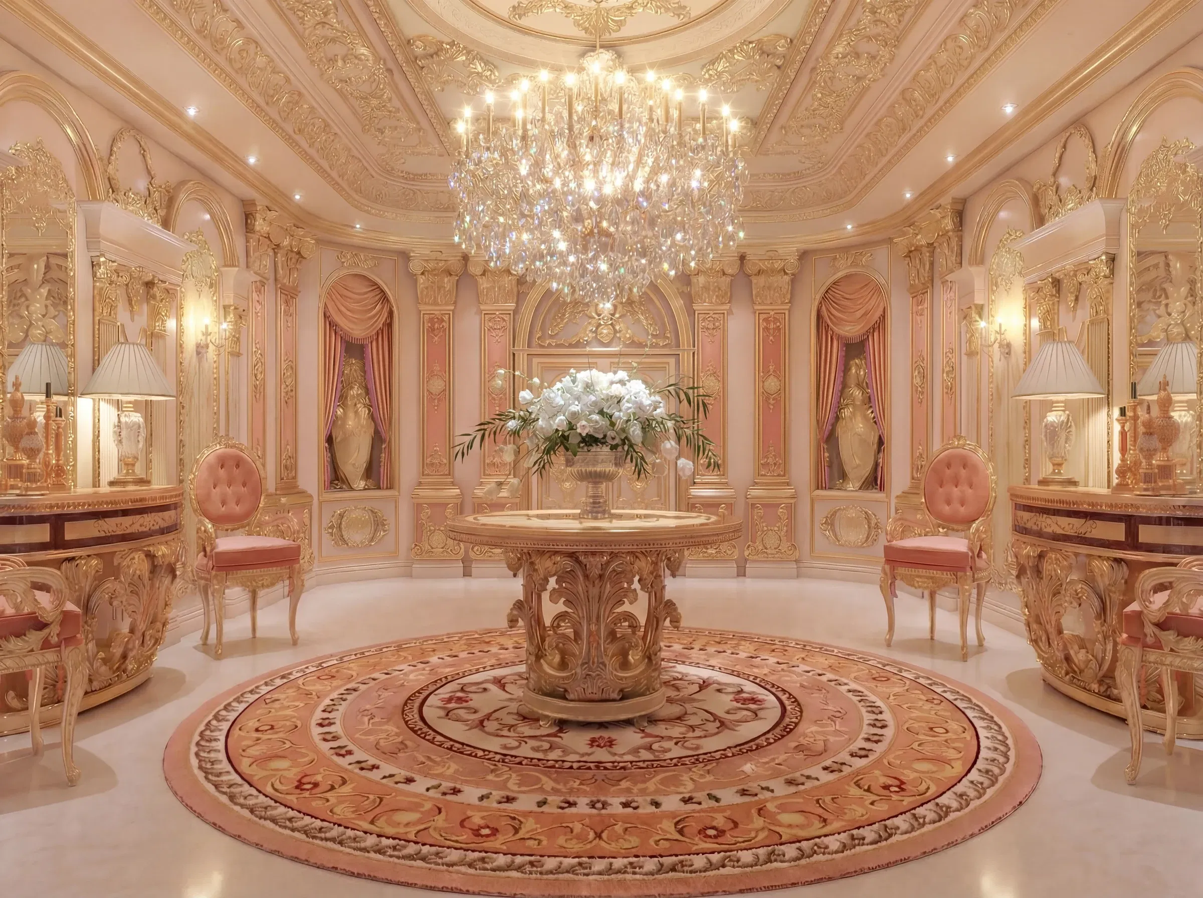 Dubai entry lounge with cream furniture, a central floral arrangement, large arched windows, and a beige rug beneath a grand chandelier