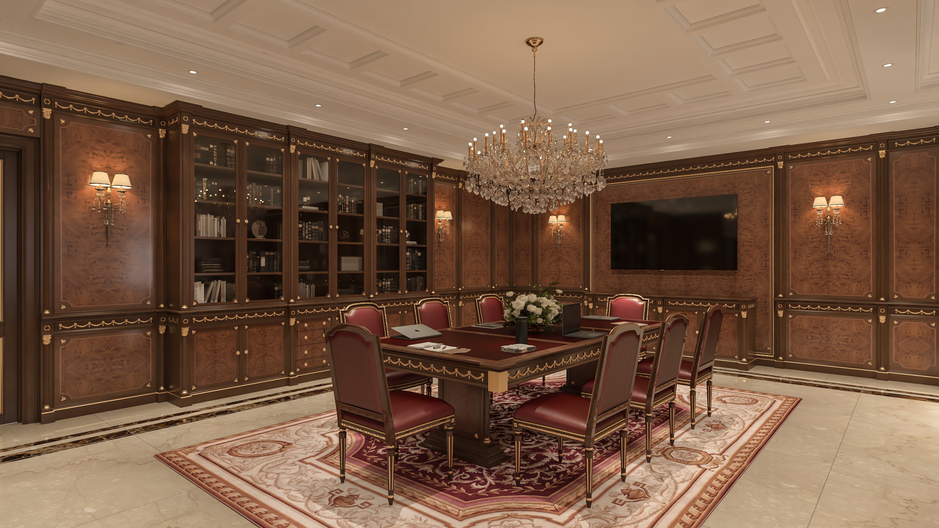 Luxury chairman's office and executive boardroom in River Oaks, Houston featuring handcrafted walnut wood paneling…