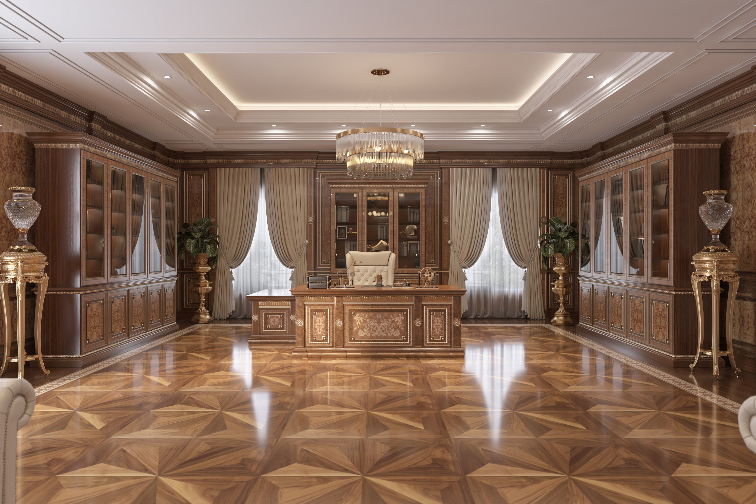 Luxury executive boardroom and private office in Old Westbury, New York featuring bespoke walnut paneling, handcrafted…