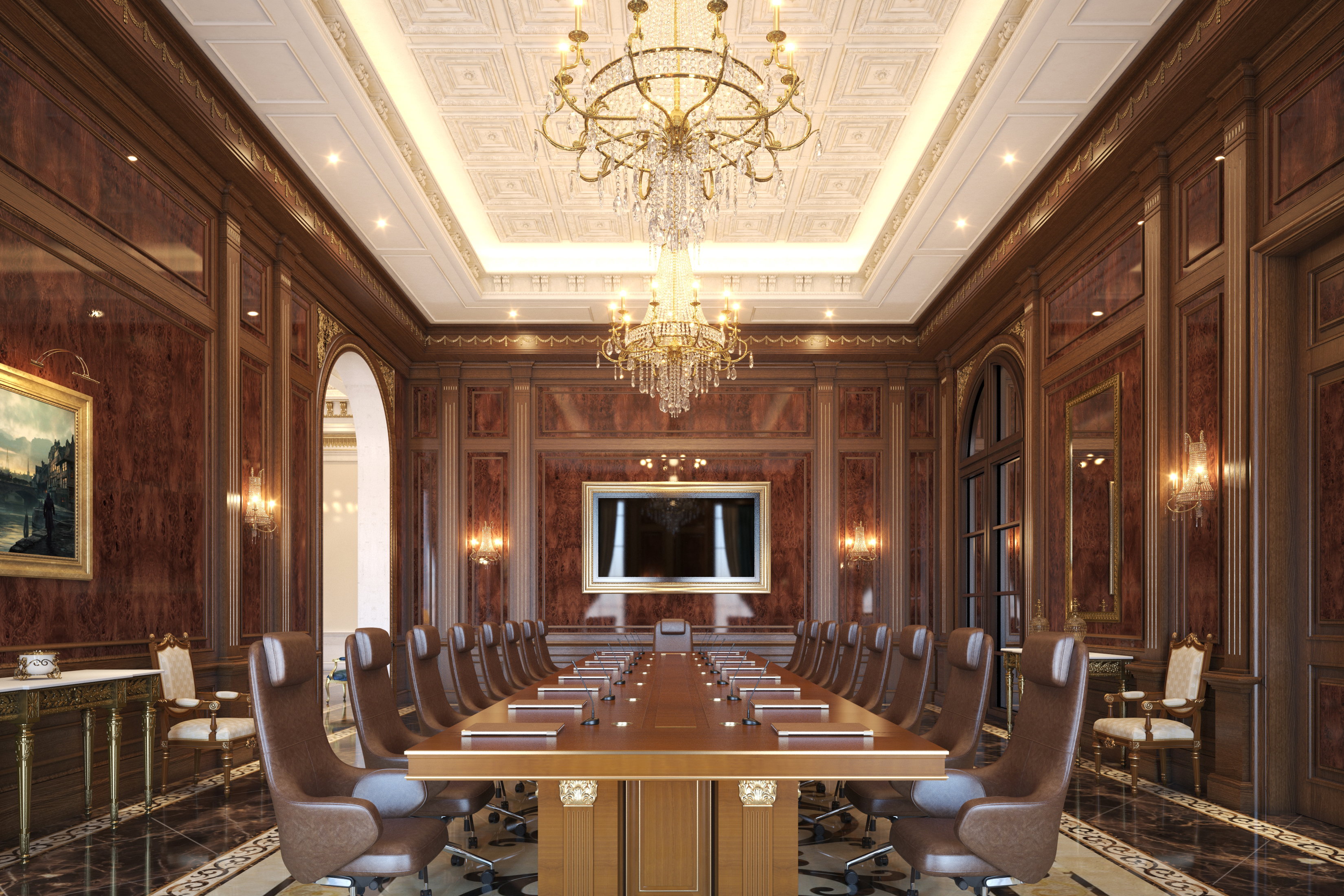 Luxury executive office and boardroom in Highland Park, Dallas featuring handcrafted walnut wood paneling, bespoke…
