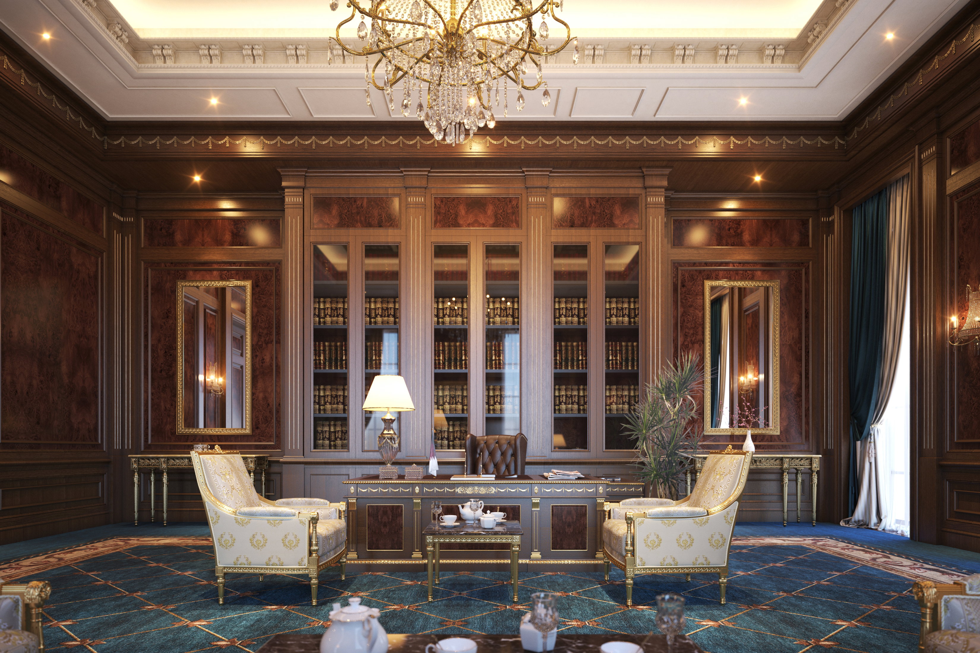 Walnut boiserie, custom libraries, marble flooring and crystal chandeliers in a Highland Park, Dallas executive office