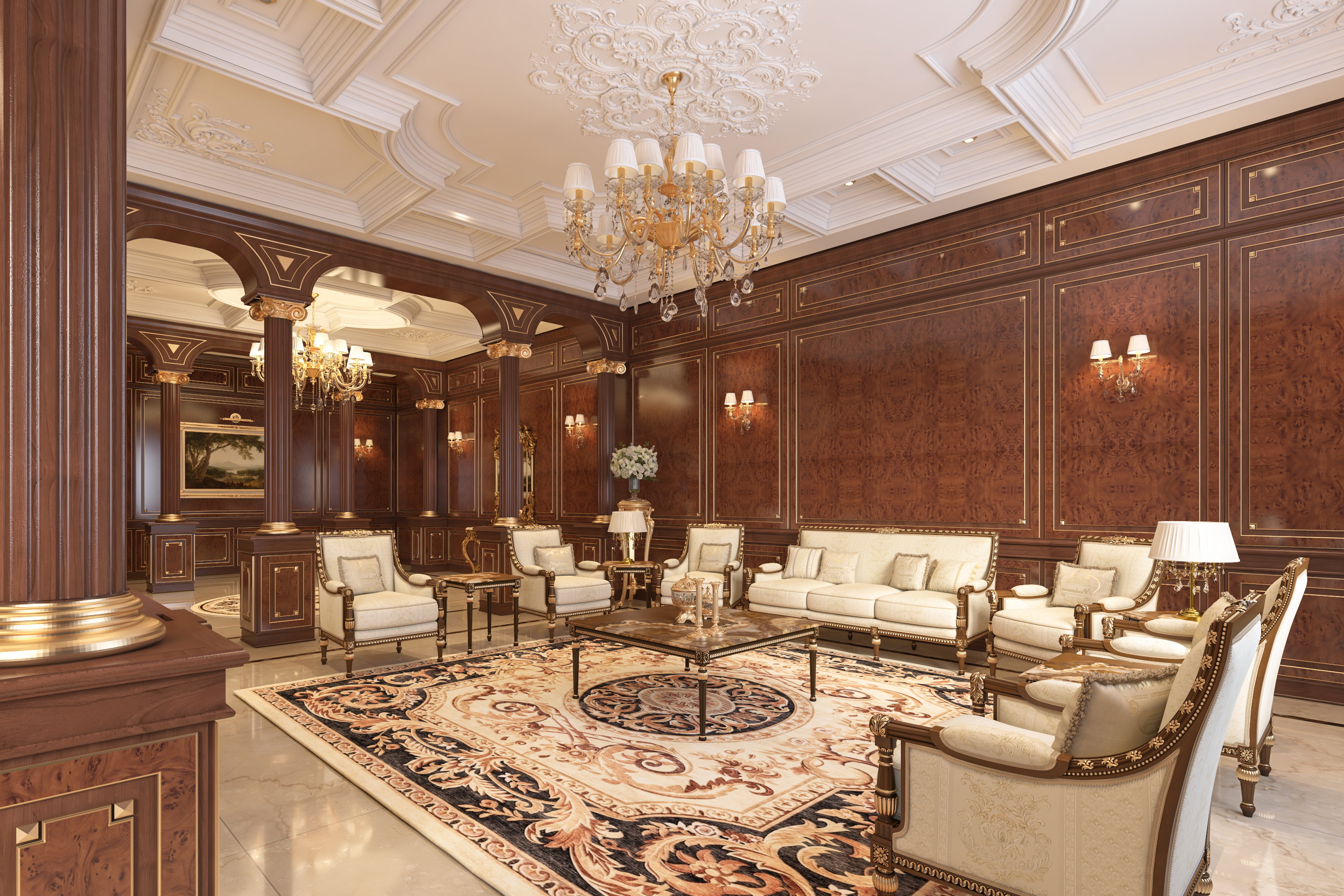 Luxury executive office in Greenwich, Connecticut featuring bespoke walnut wood paneling, handcrafted classical…