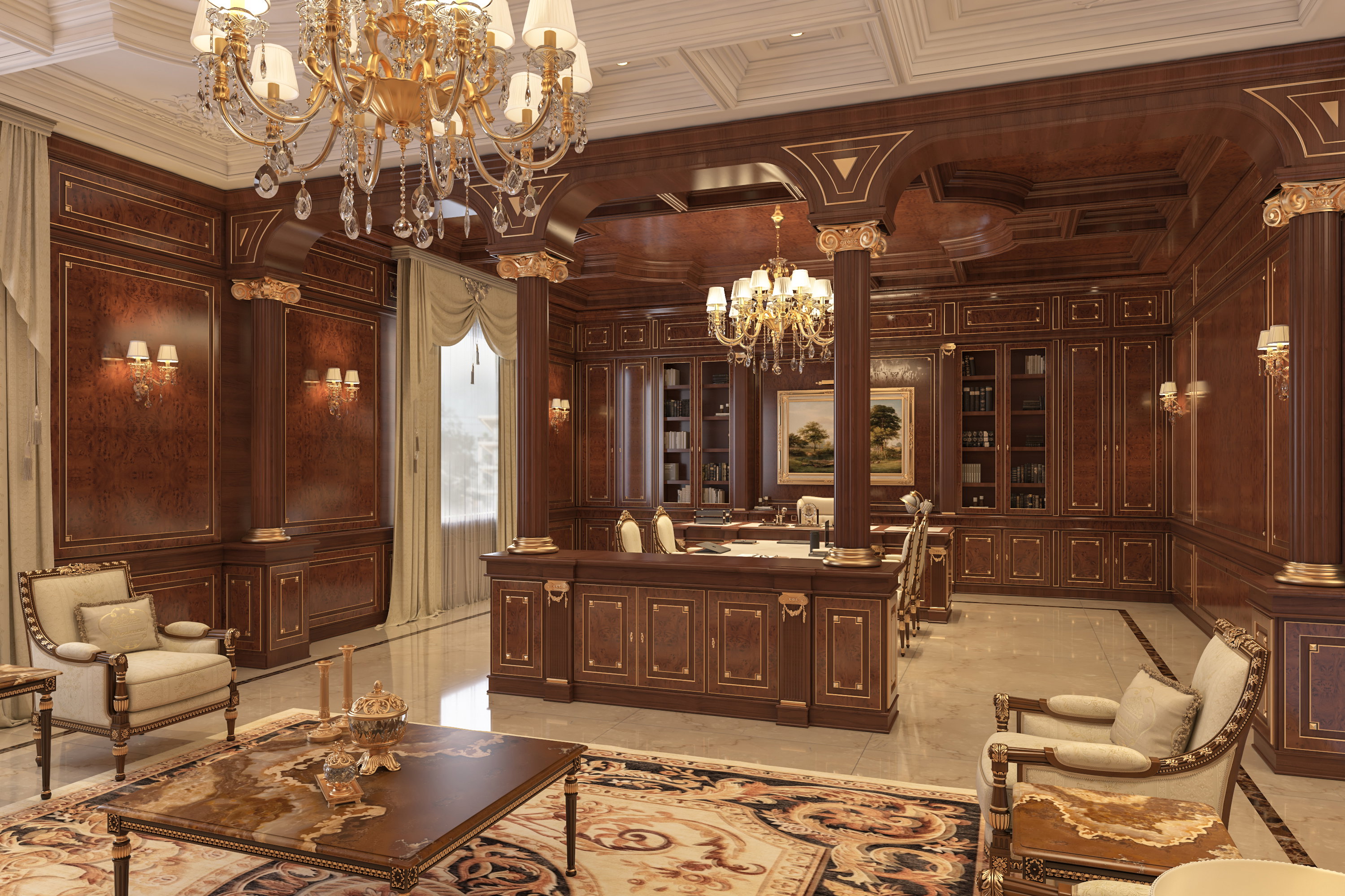 Private executive office flowing into an elegant reception lounge in Greenwich, Connecticut by Modenese Interior Design
