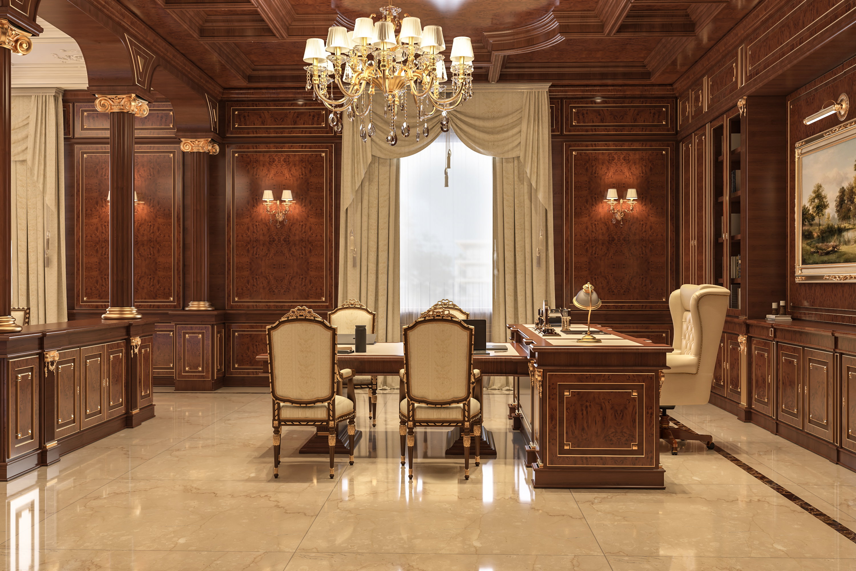 Turnkey luxury office interior design with custom millwork and architectural detailing in Greenwich, Connecticut