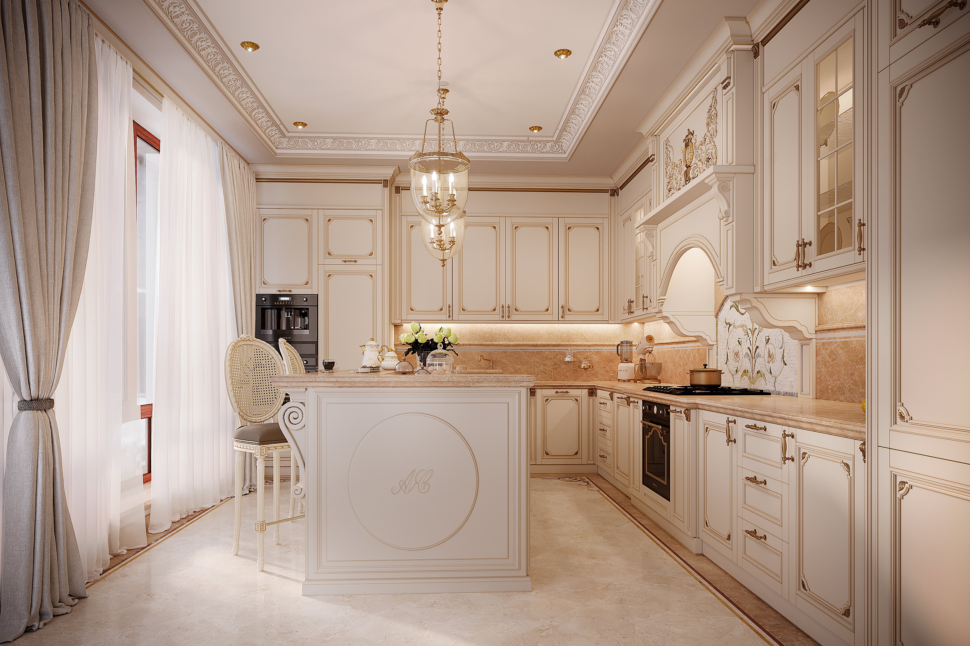 Ivory classical kitchen cabinetry with decorative mouldings and tall storage in Falls Church, Virginia