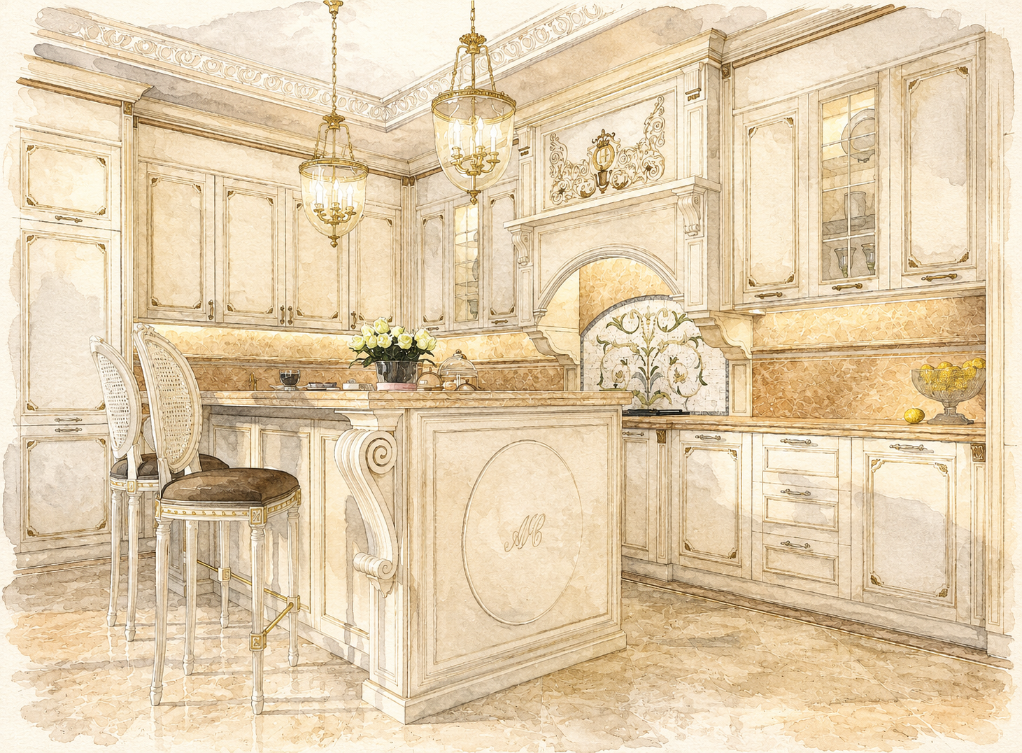 Watercolour design sketch of the Grace classic Italian kitchen in Falls Church, Virginia