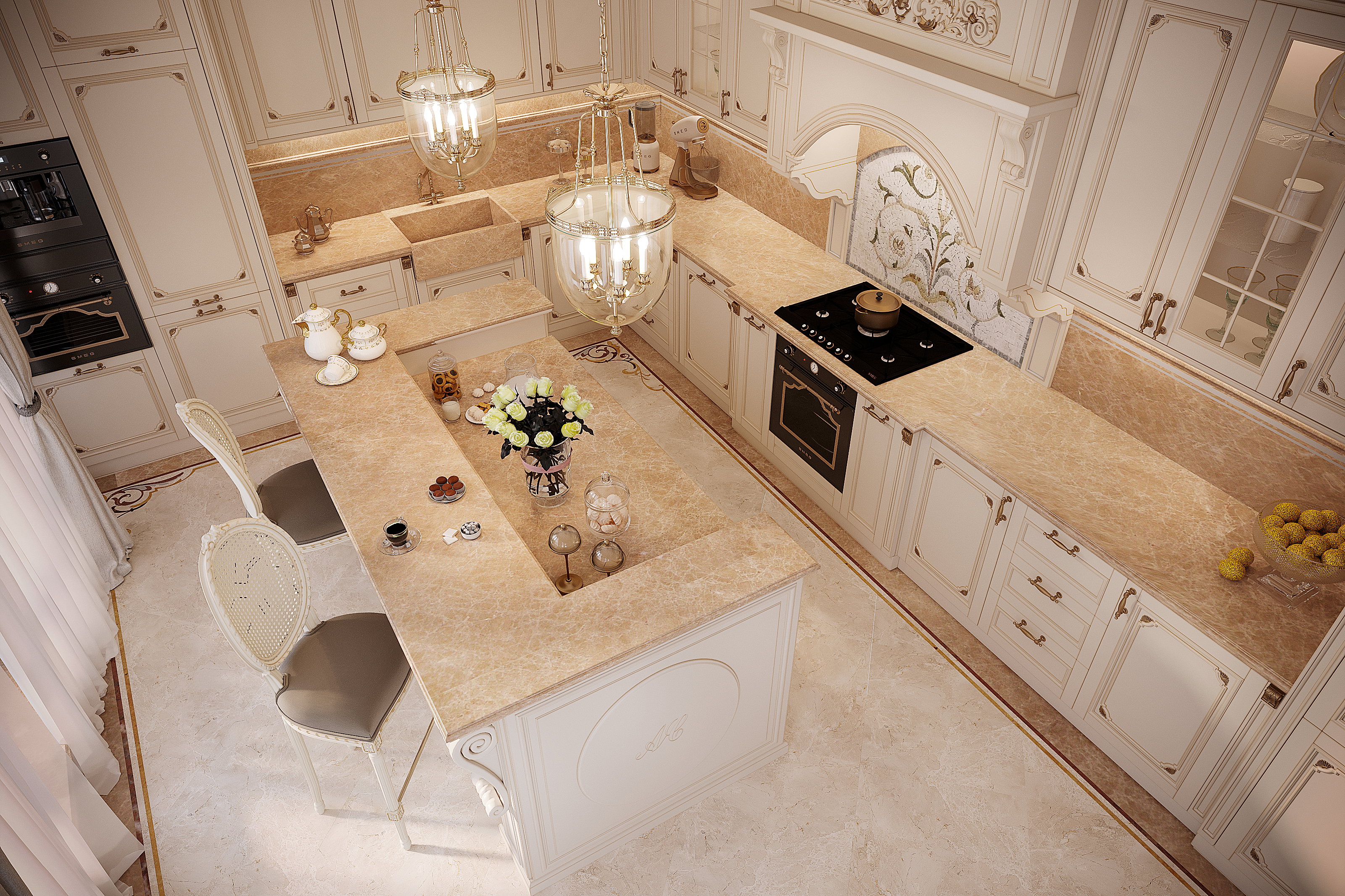 Warm beige natural stone countertops and backsplash in the Grace kitchen, Falls Church, Virginia