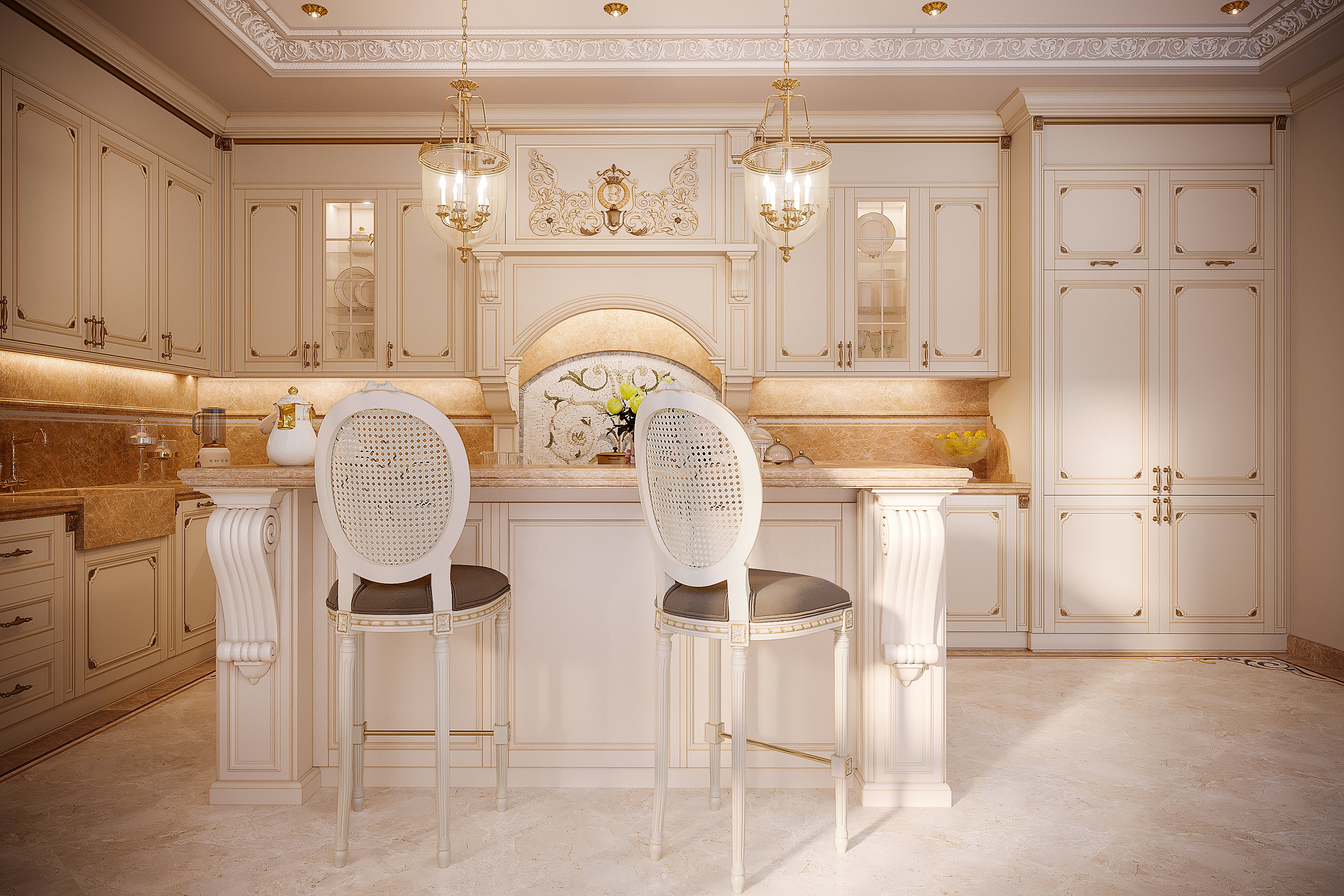 Cooking area framed by a custom architectural hood in the Grace luxury kitchen, Virginia