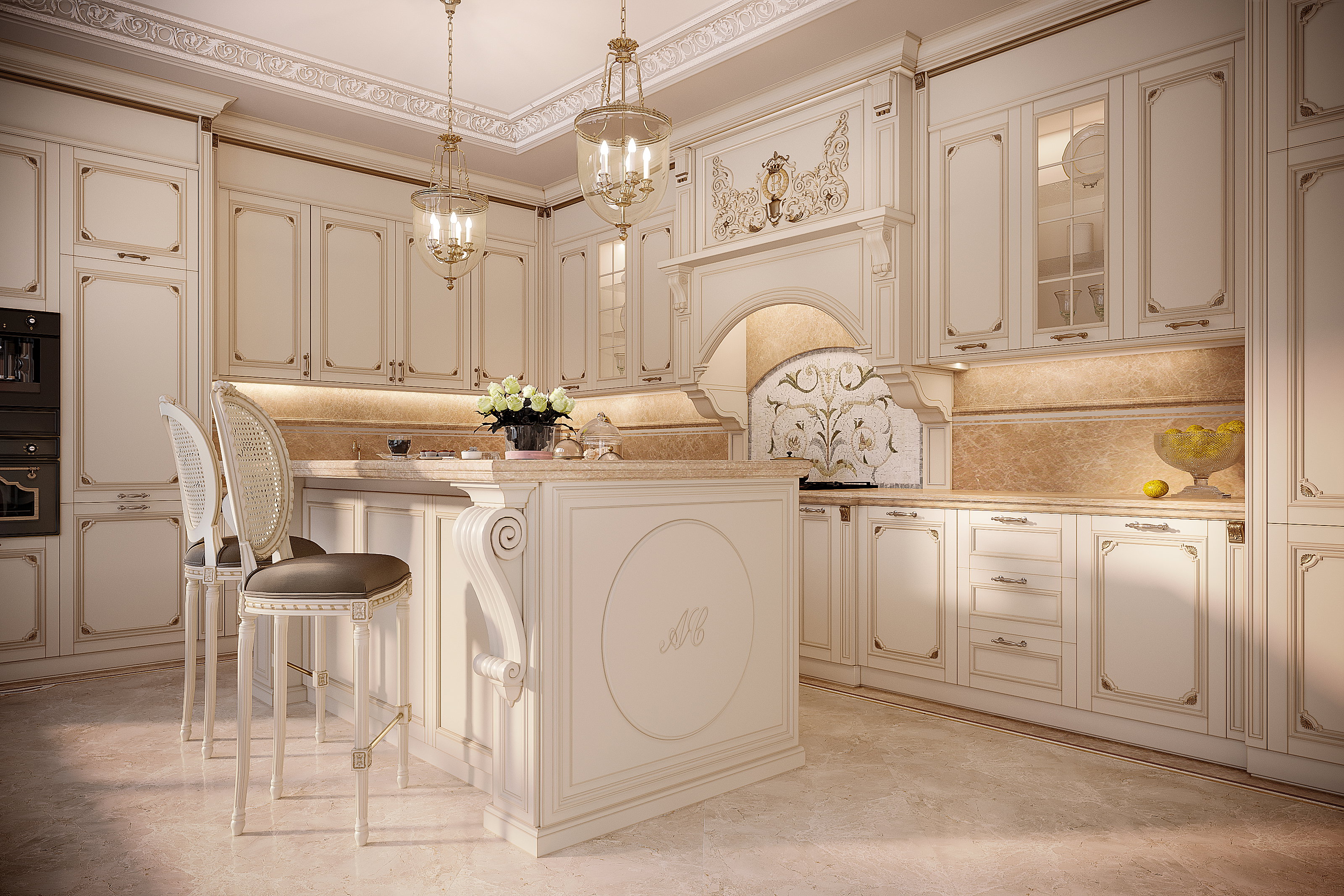 Bespoke kitchen island with classical panelling and integrated seating in Falls Church, Virginia