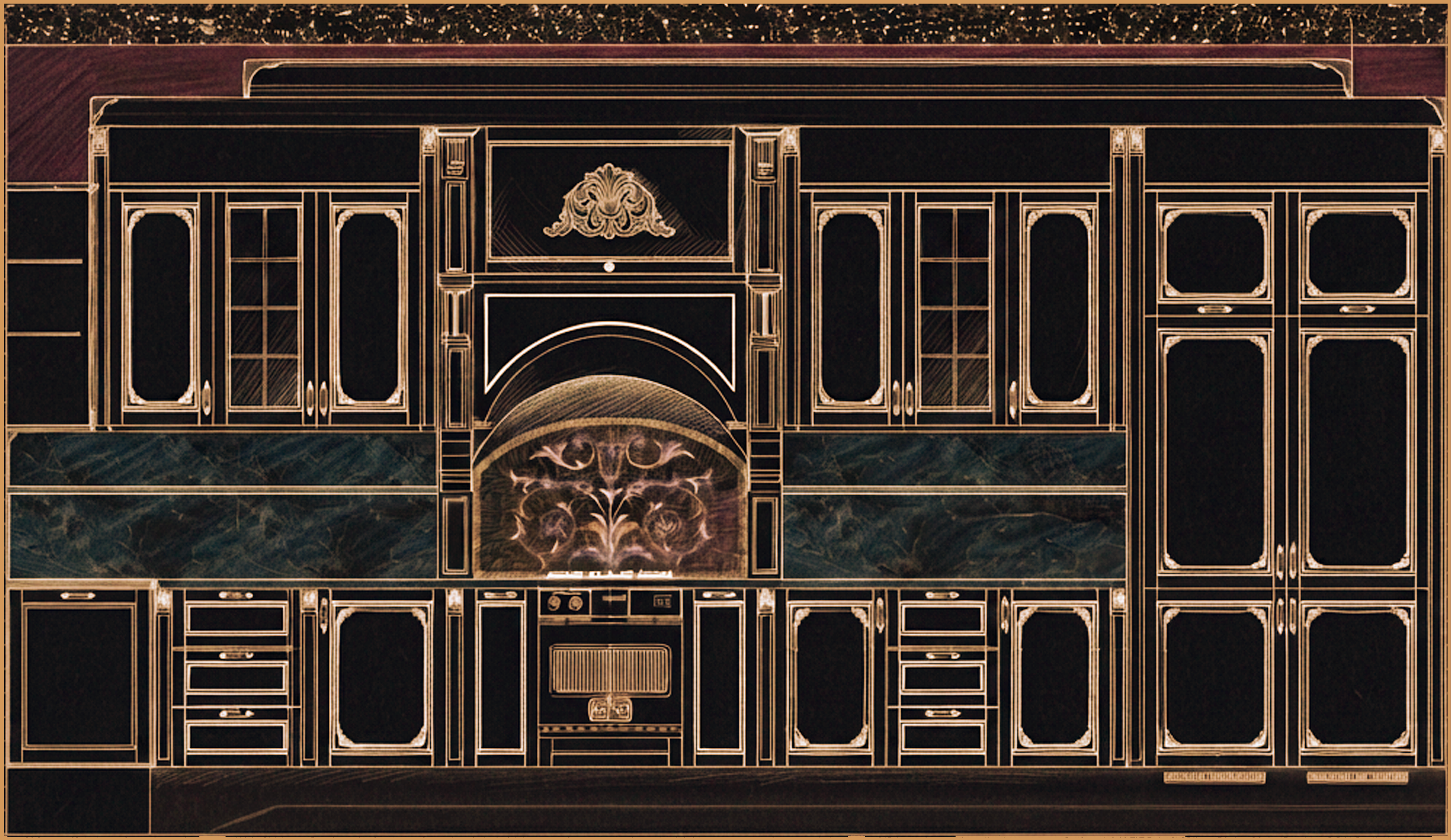 Technical elevation drawing of the Grace bespoke kitchen cabinetry handcrafted in Italy