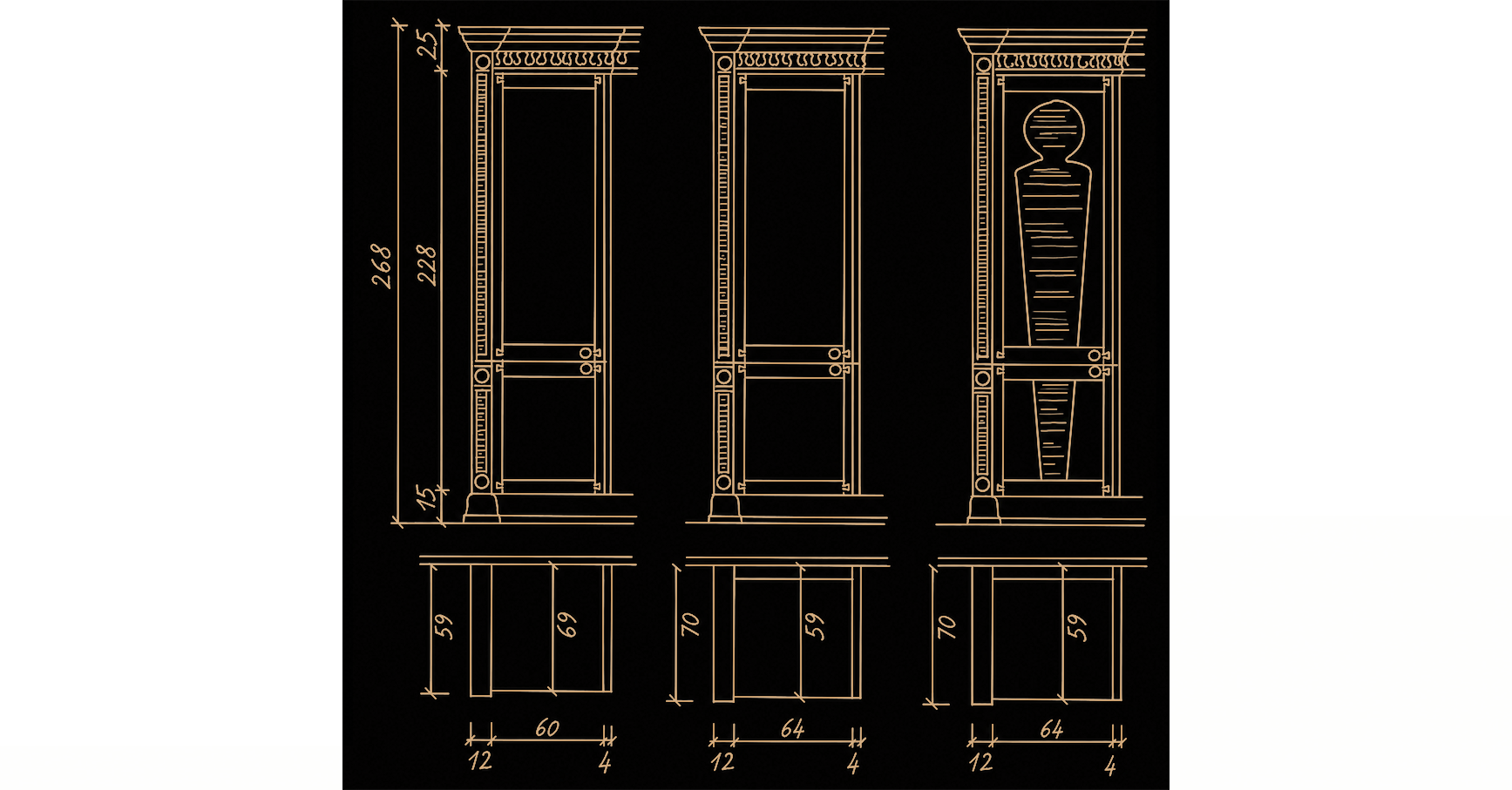 Technical drawings of tall cabinets for the Majestic bespoke kitchen, Saudi Arabia