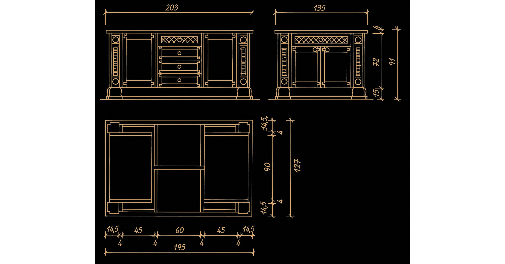 Technical drawings of base cabinets for the Majestic luxury kitchen in Jeddah