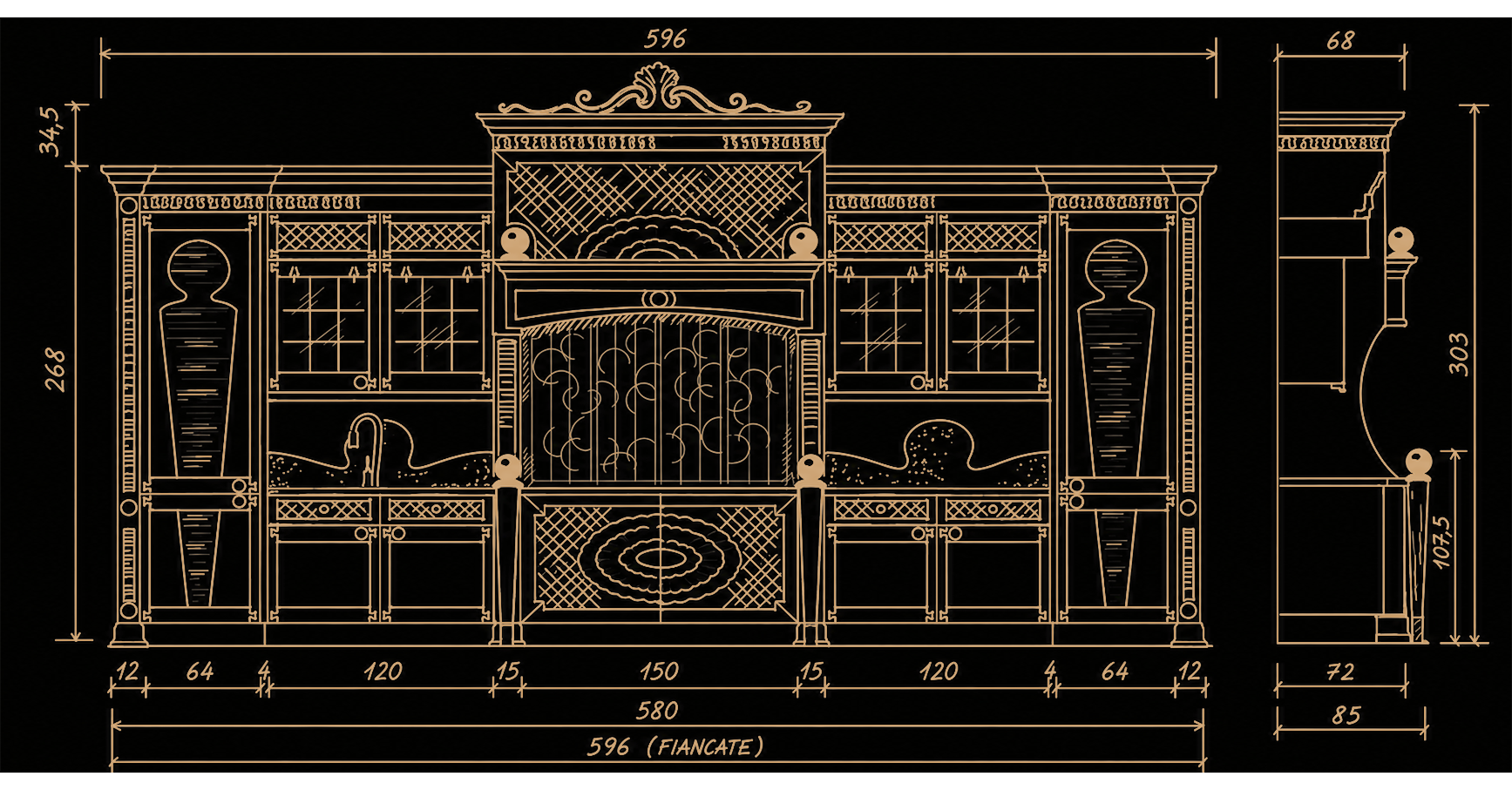Technical elevation of the Majestic kitchen main wall designed in Italy for a Jeddah residence