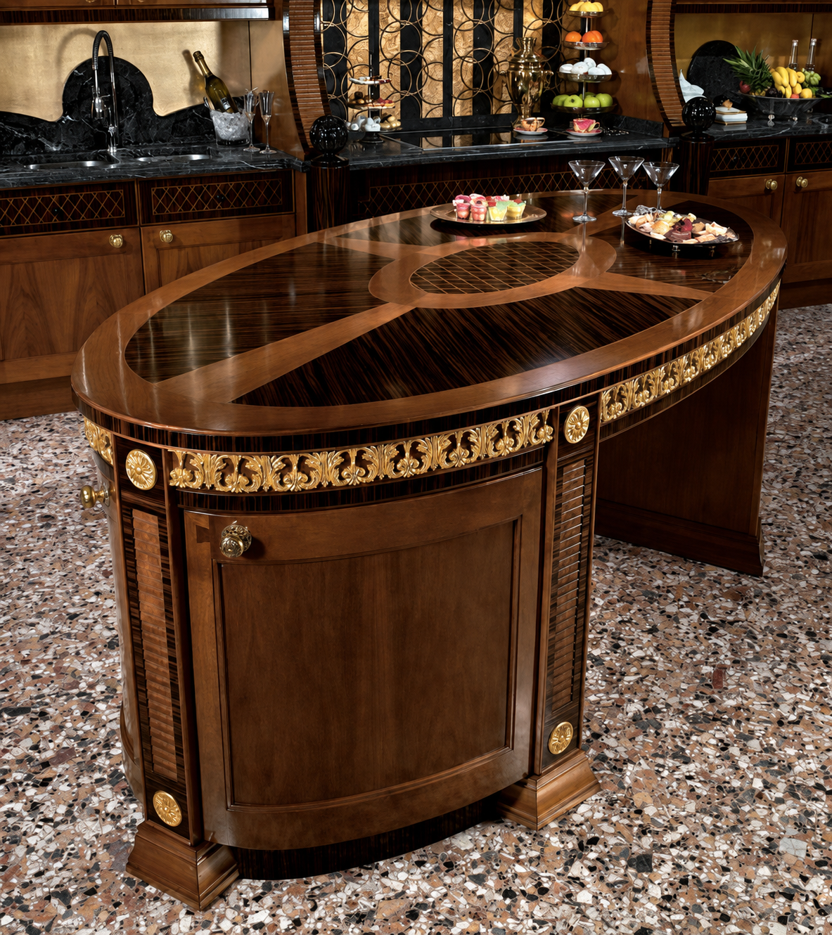 Large curved island with wood marquetry and contrasting veneers in the Majestic kitchen, Saudi Arabia