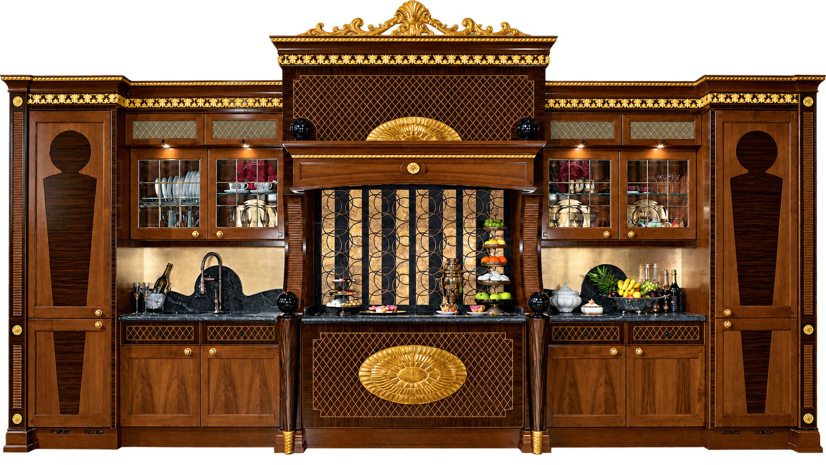 Majestic bespoke wood kitchen composition with gold detailing and black marble worktops, Jeddah