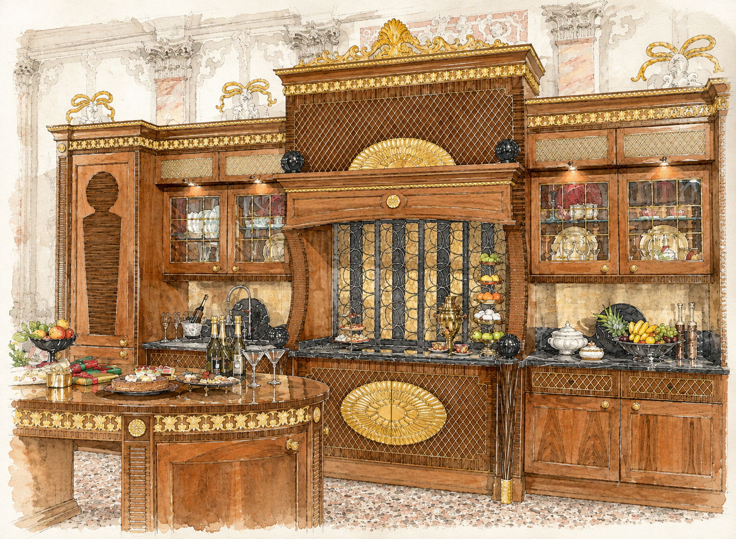 Majestic bespoke luxury wood kitchen in Jeddah, Saudi Arabia with gold detailing and black marble, handcrafted in Italy