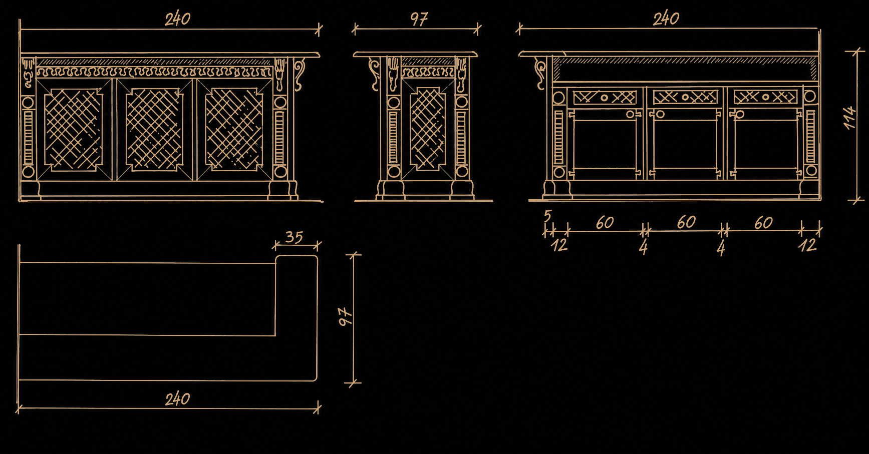 Technical drawings of the Majestic kitchen island and cabinetry with dimensions