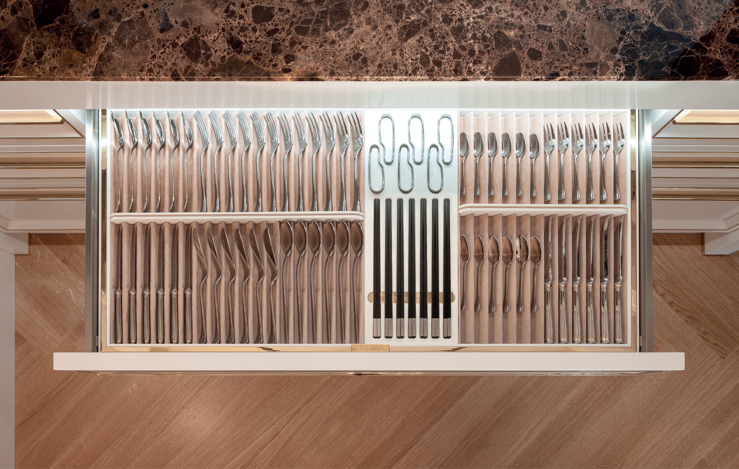 Bespoke cutlery drawer with internal organiser in the Prestige contemporary kitchen, UAE