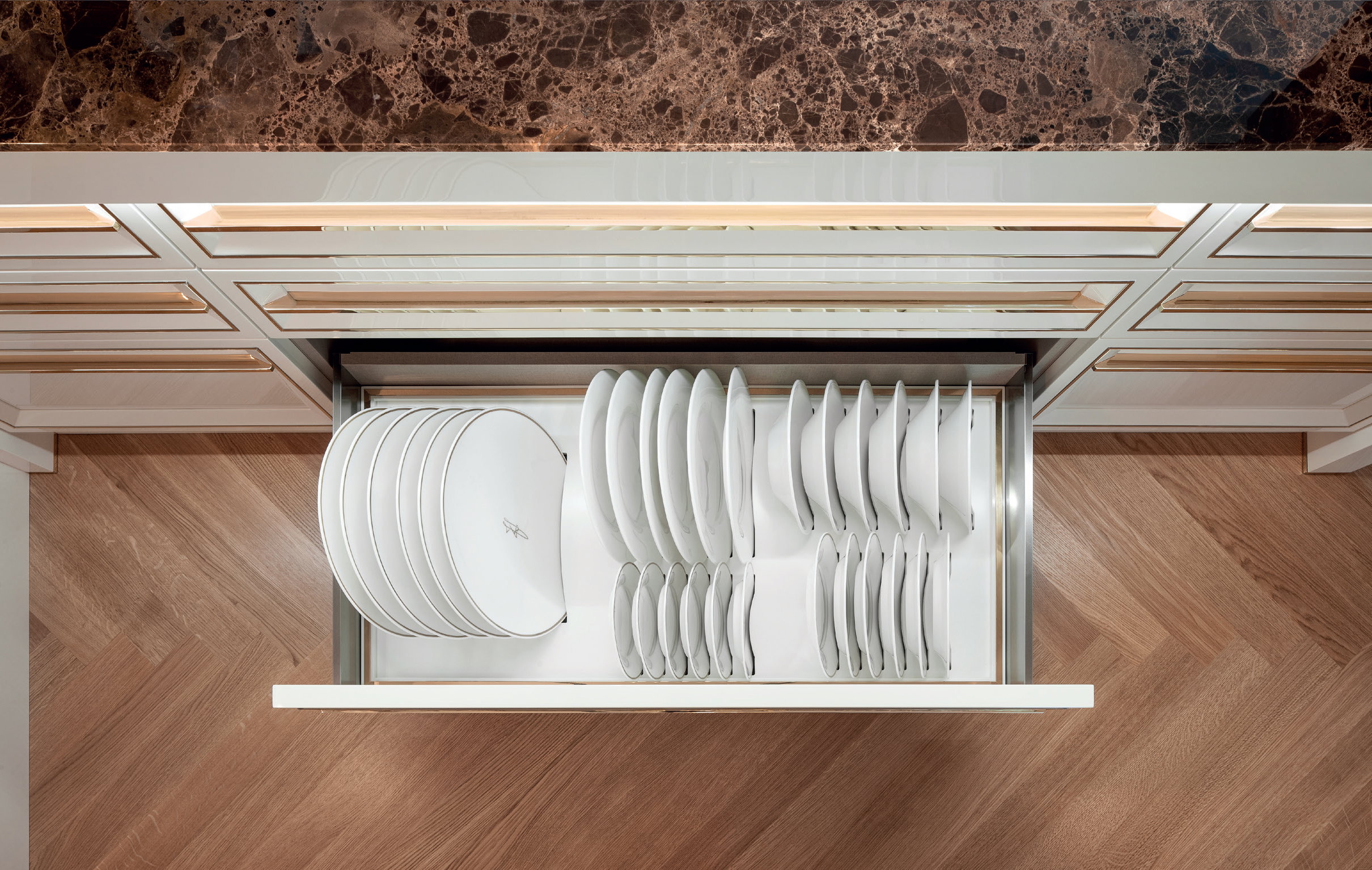 Internal plate storage drawer in the Prestige bespoke Italian kitchen, Abu Dhabi